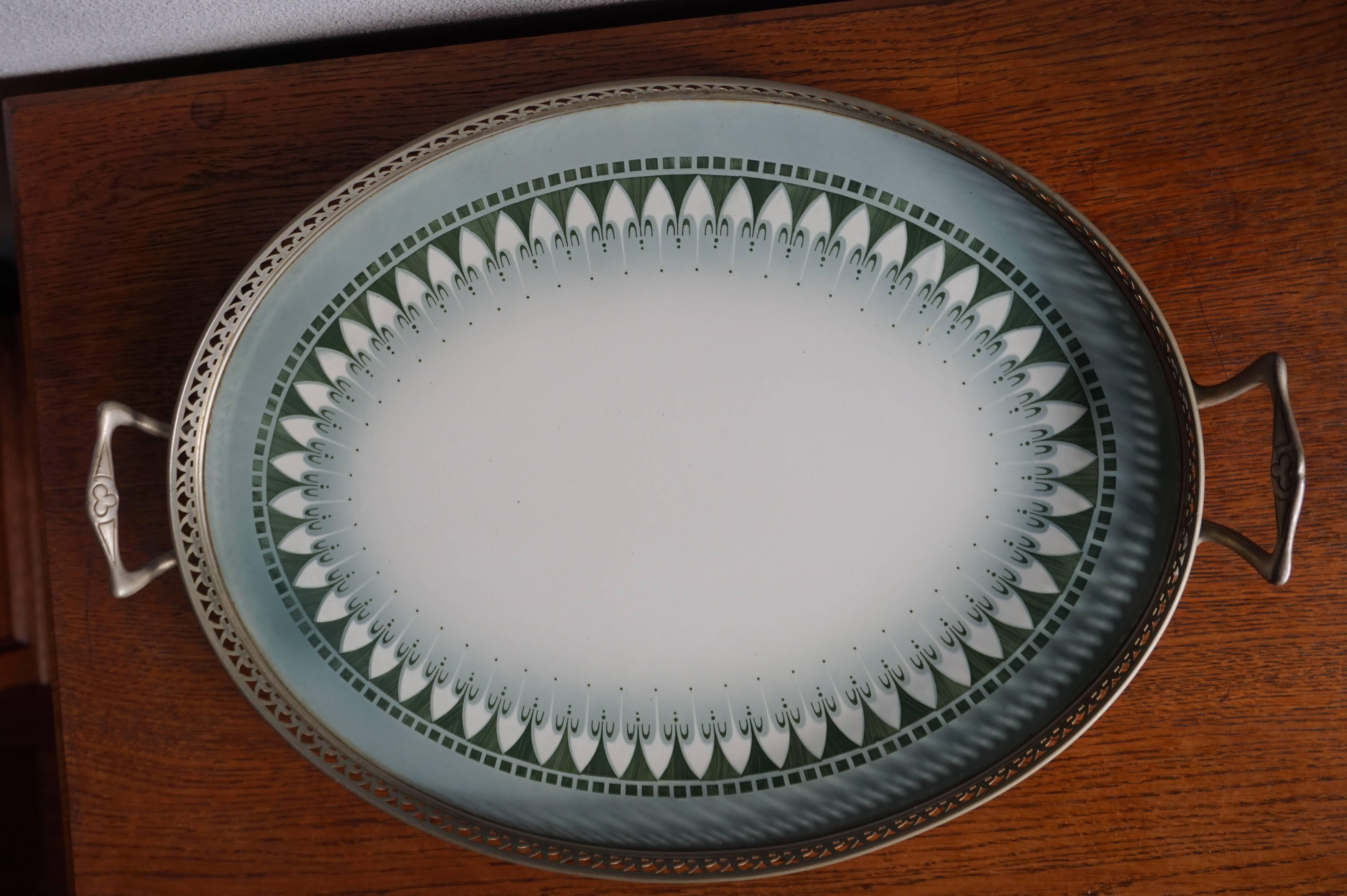 Metal Hand-Painted Porcelain Oval Tile Art Deco Serving Tray Marked Underneath