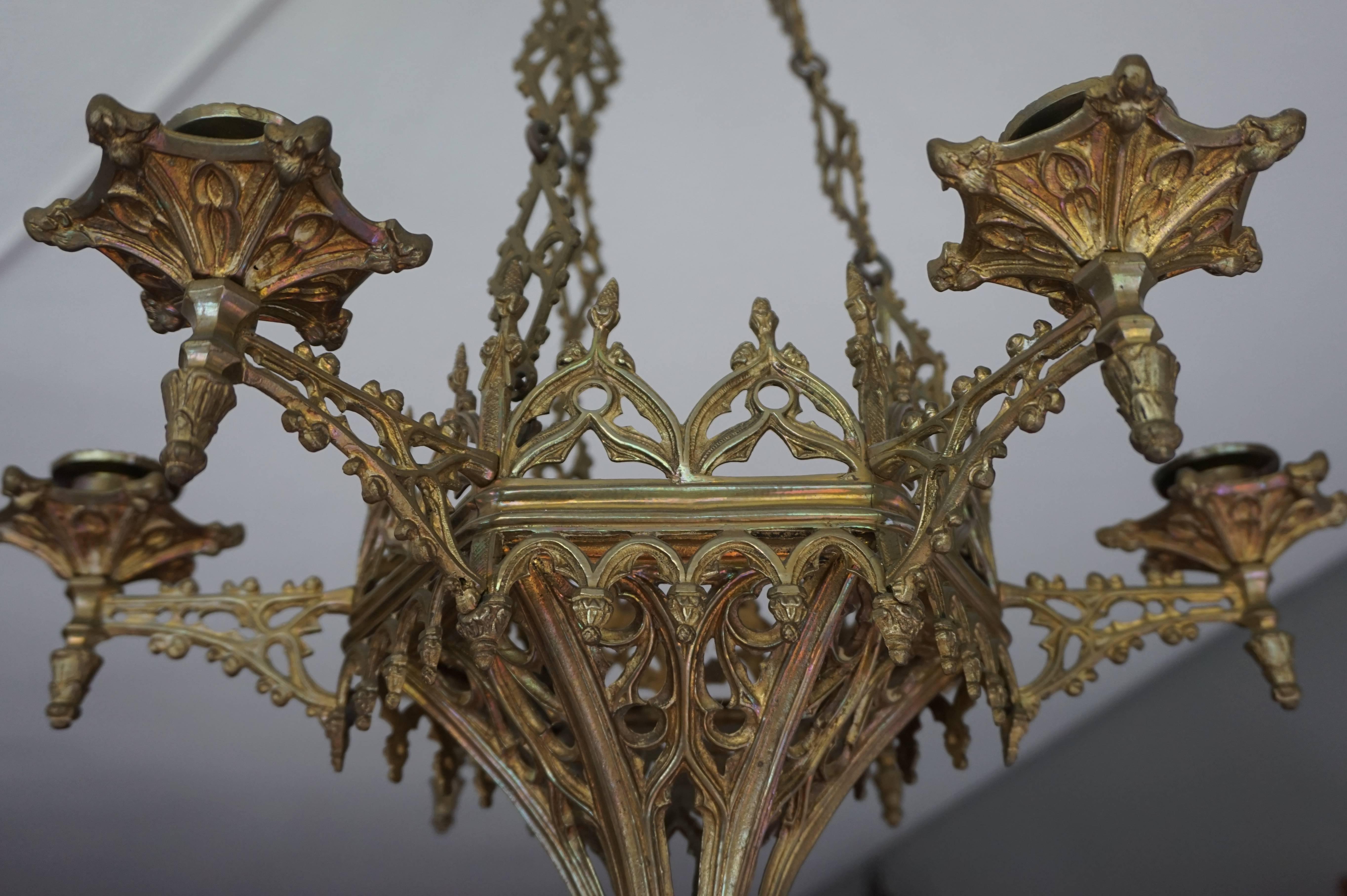 European Rare Late 19th Century Gothic Revival Gilt Candle Lamp Six Candle Chandelier