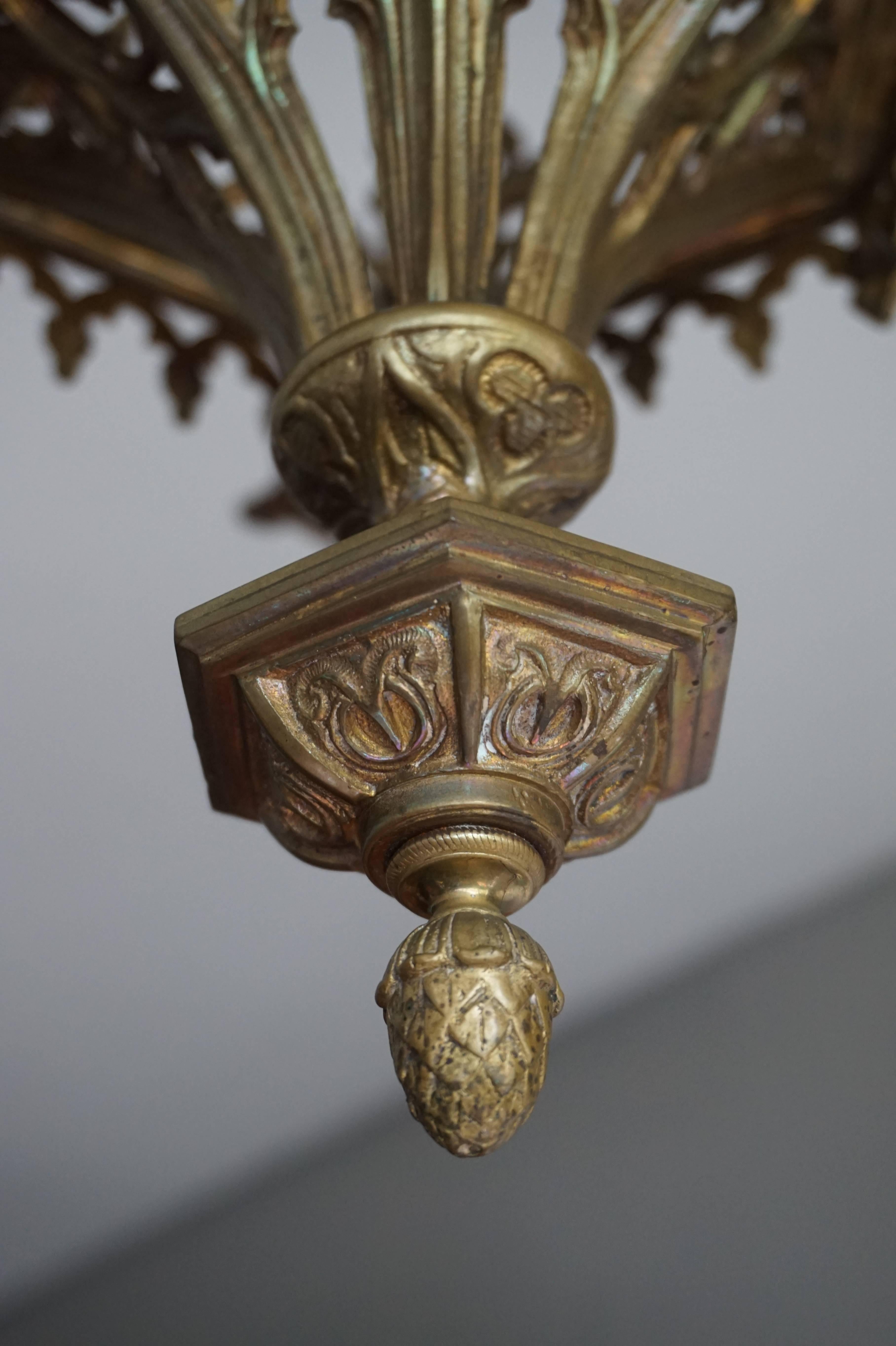 Hand-Crafted Rare Late 19th Century Gothic Revival Gilt Candle Lamp Six Candle Chandelier