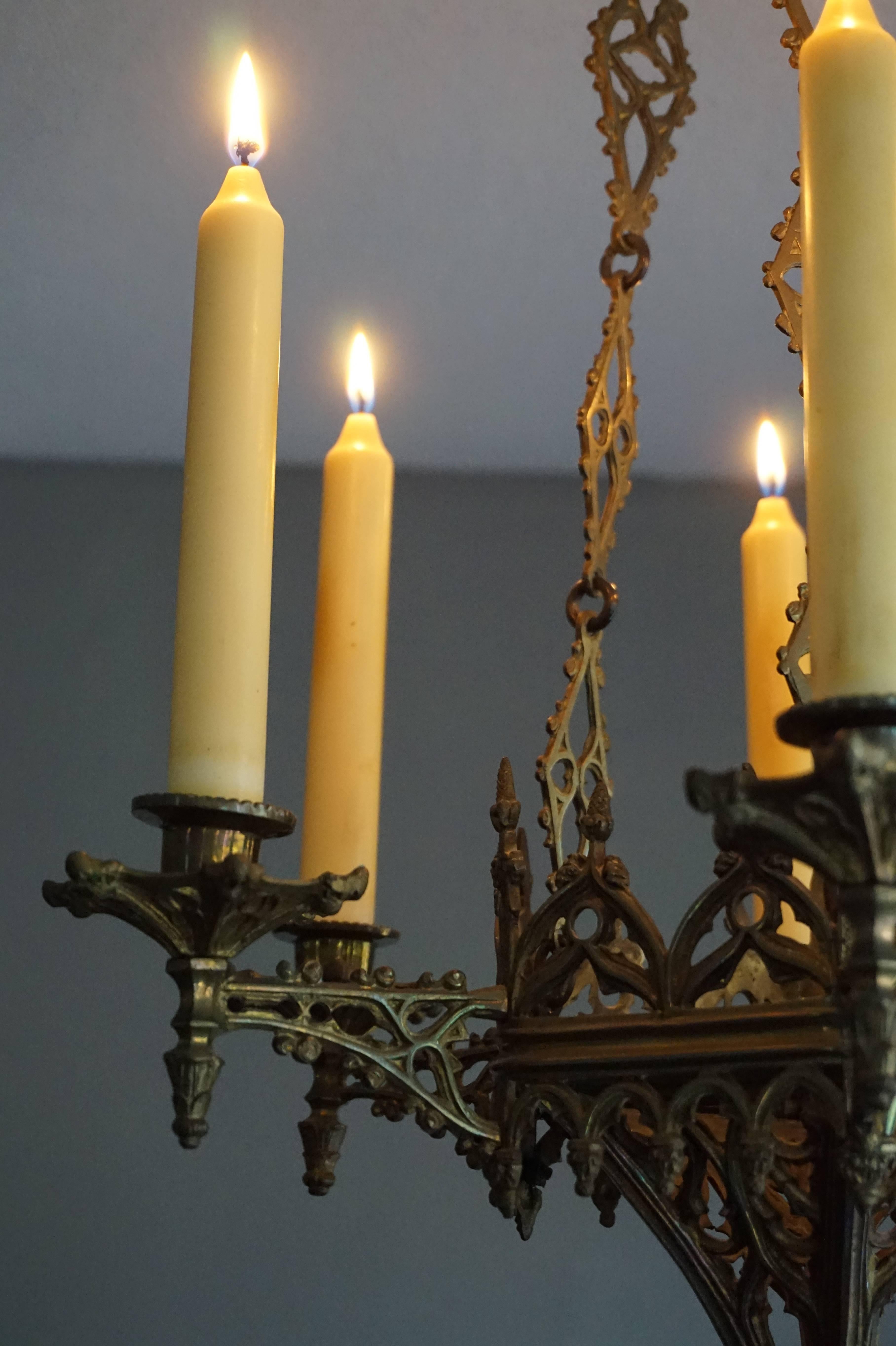 Rare Late 19th Century Gothic Revival Gilt Candle Lamp Six Candle Chandelier 1