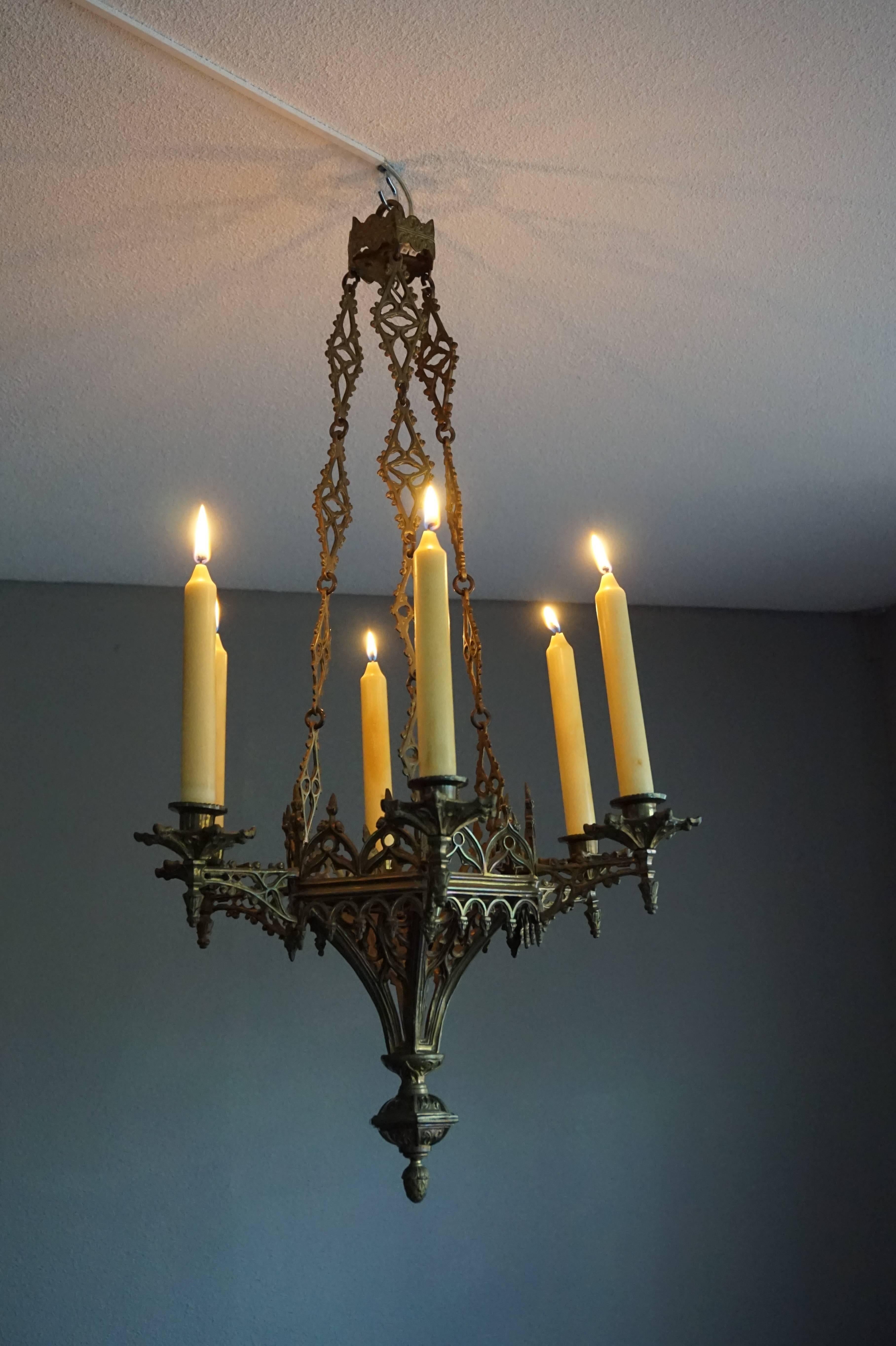 Rare Late 19th Century Gothic Revival Gilt Candle Lamp Six Candle Chandelier 2