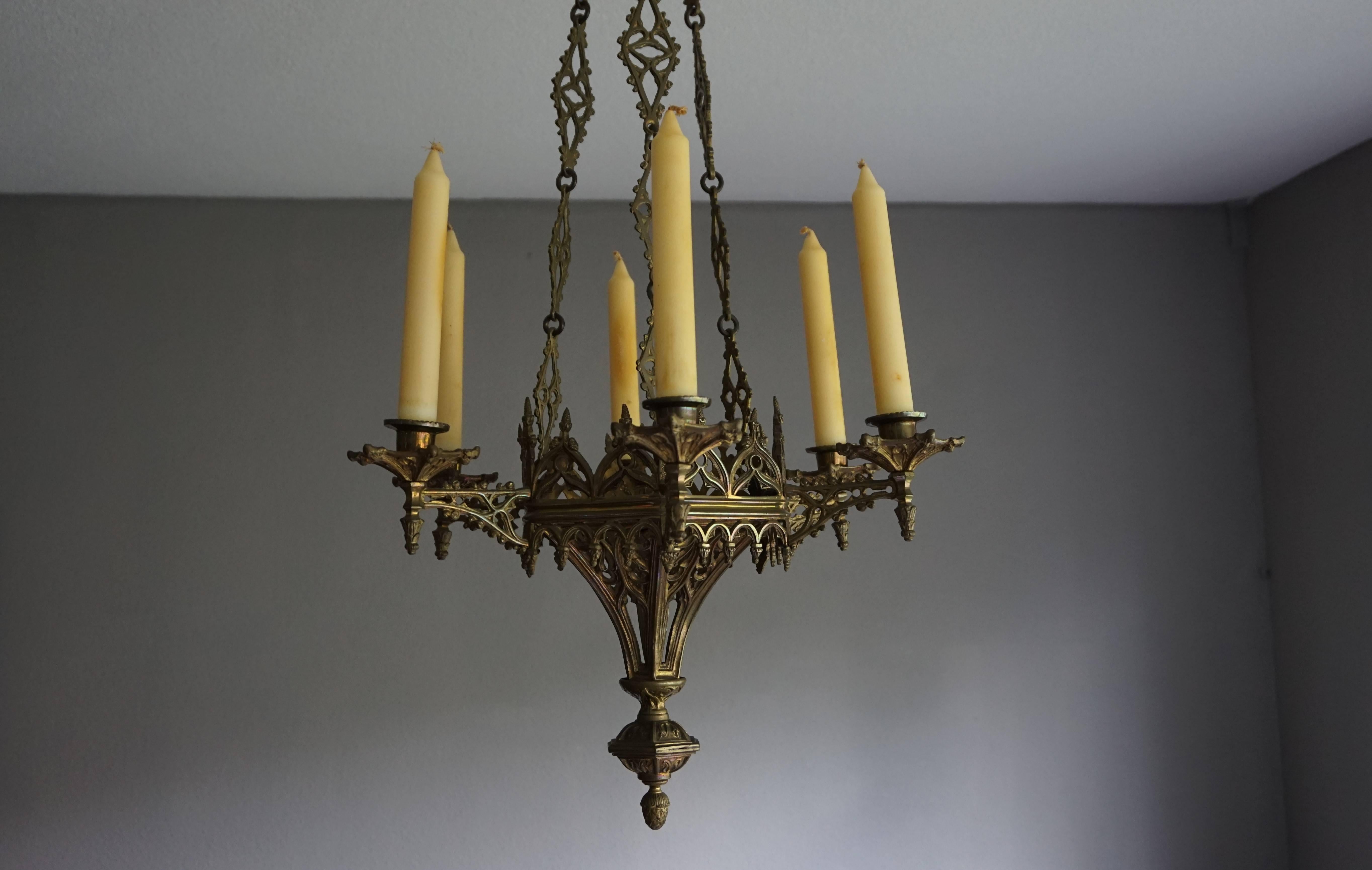 Rare Late 19th Century Gothic Revival Gilt Candle Lamp Six Candle Chandelier 3