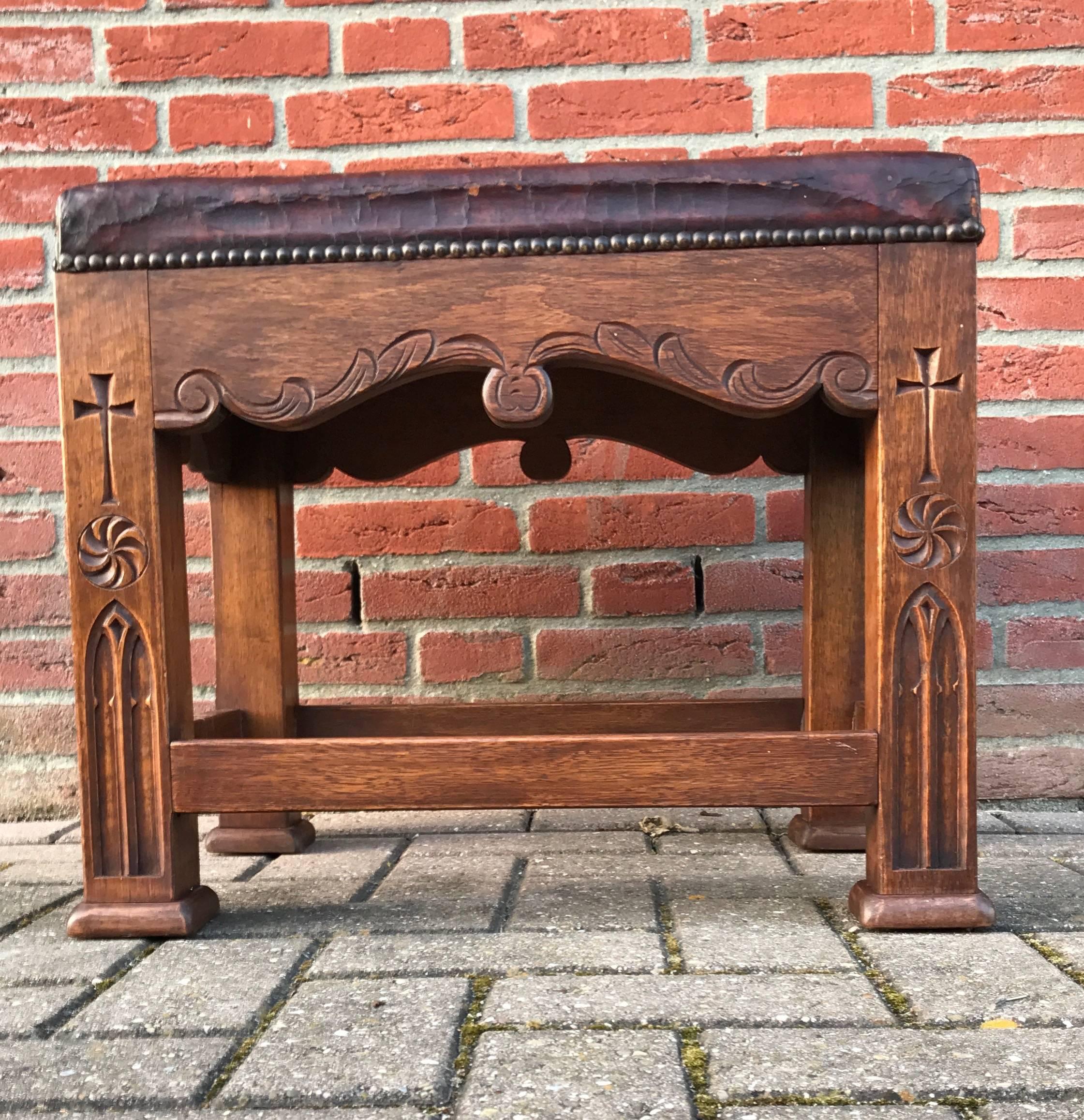 Dutch Unique and Quality Carved Gothic Revival Oak Stool with Original Leather Seating