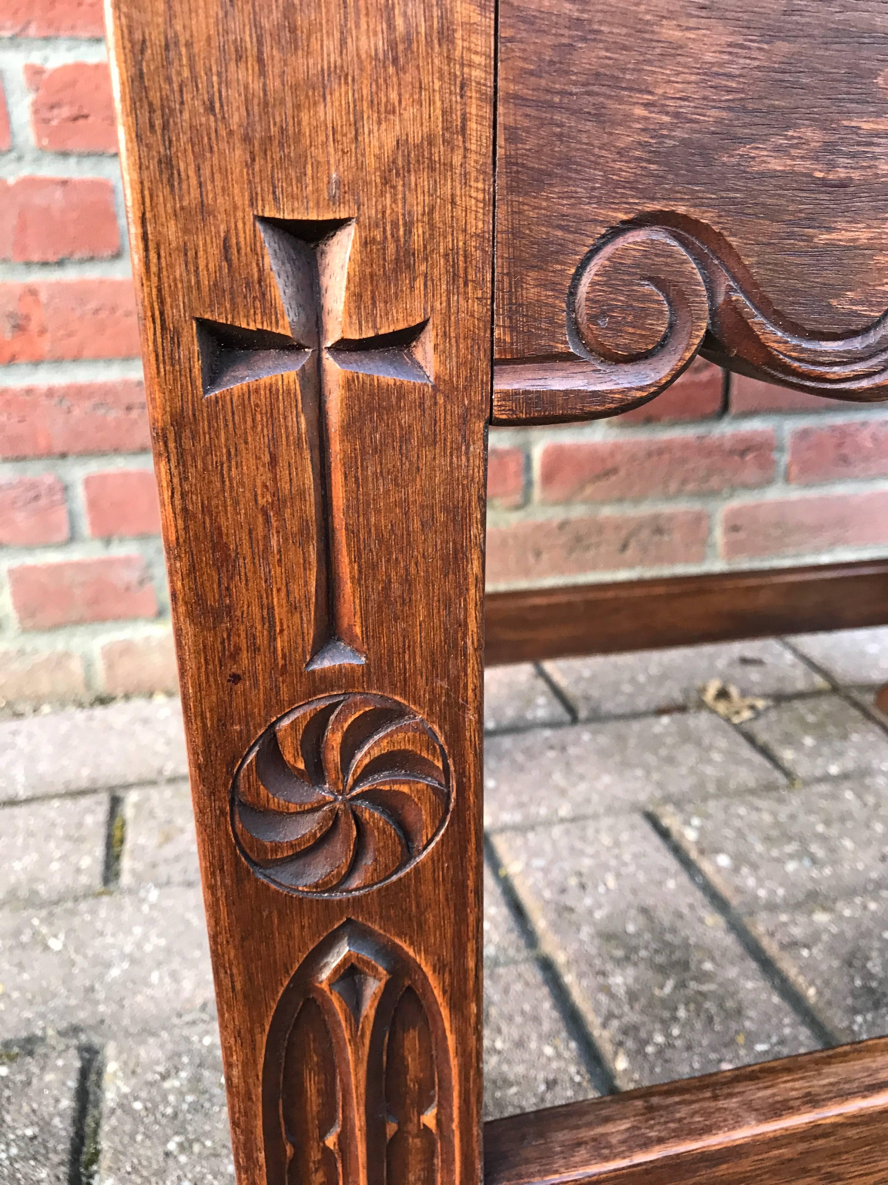 Hand-Crafted Unique and Quality Carved Gothic Revival Oak Stool with Original Leather Seating