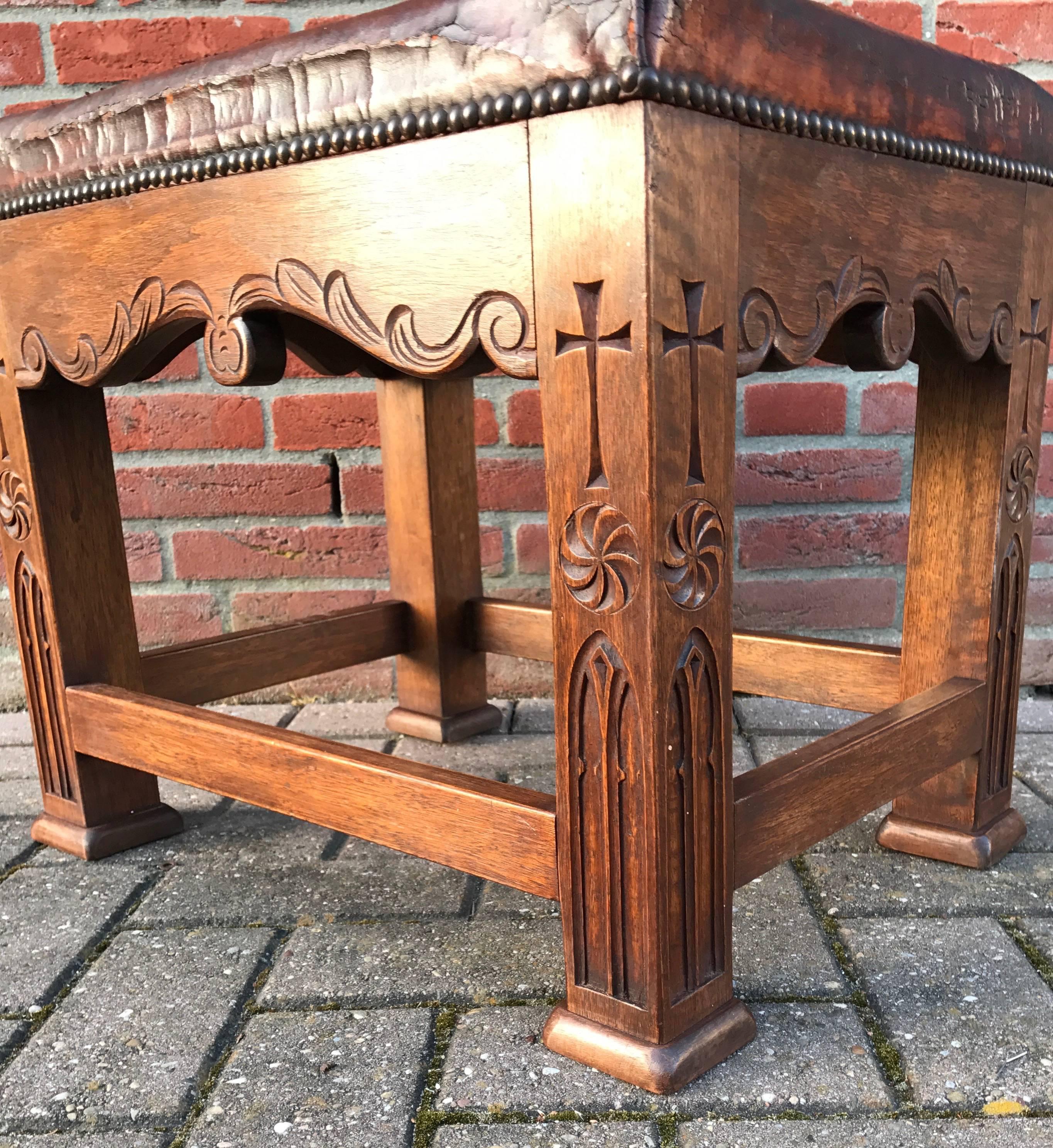 20th Century Unique and Quality Carved Gothic Revival Oak Stool with Original Leather Seating