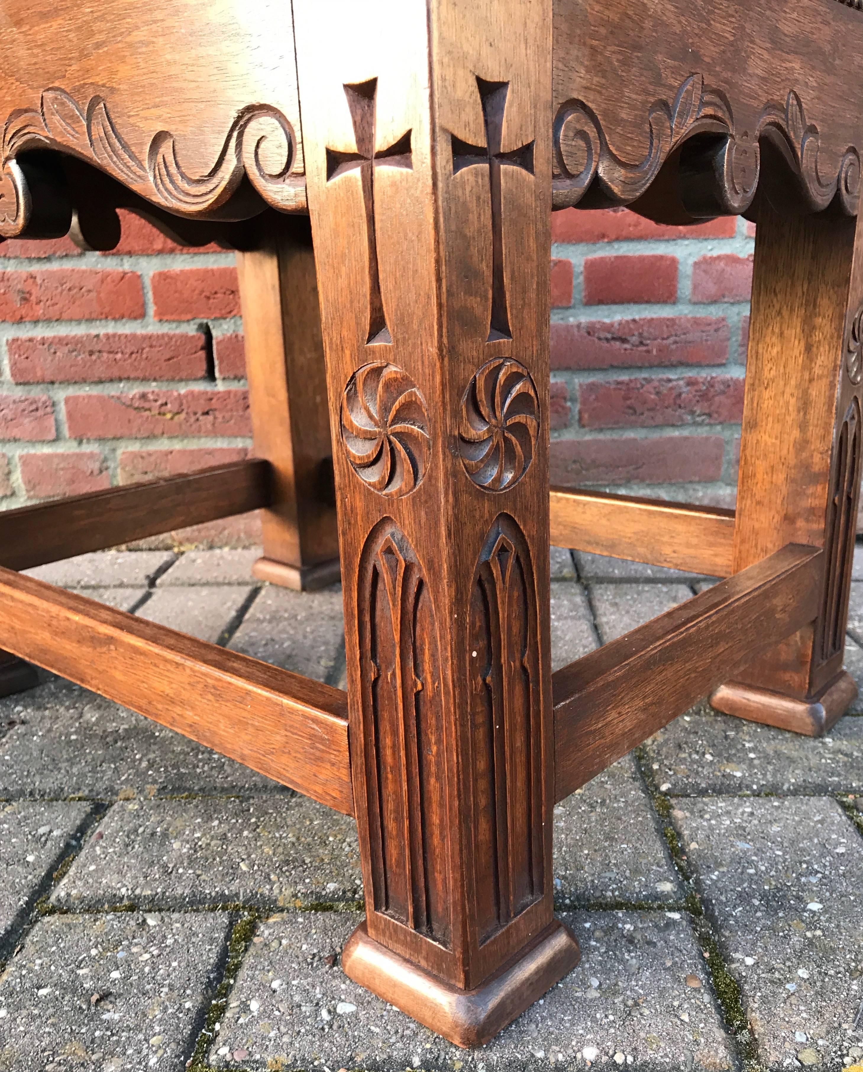 Unique and Quality Carved Gothic Revival Oak Stool with Original Leather Seating 1