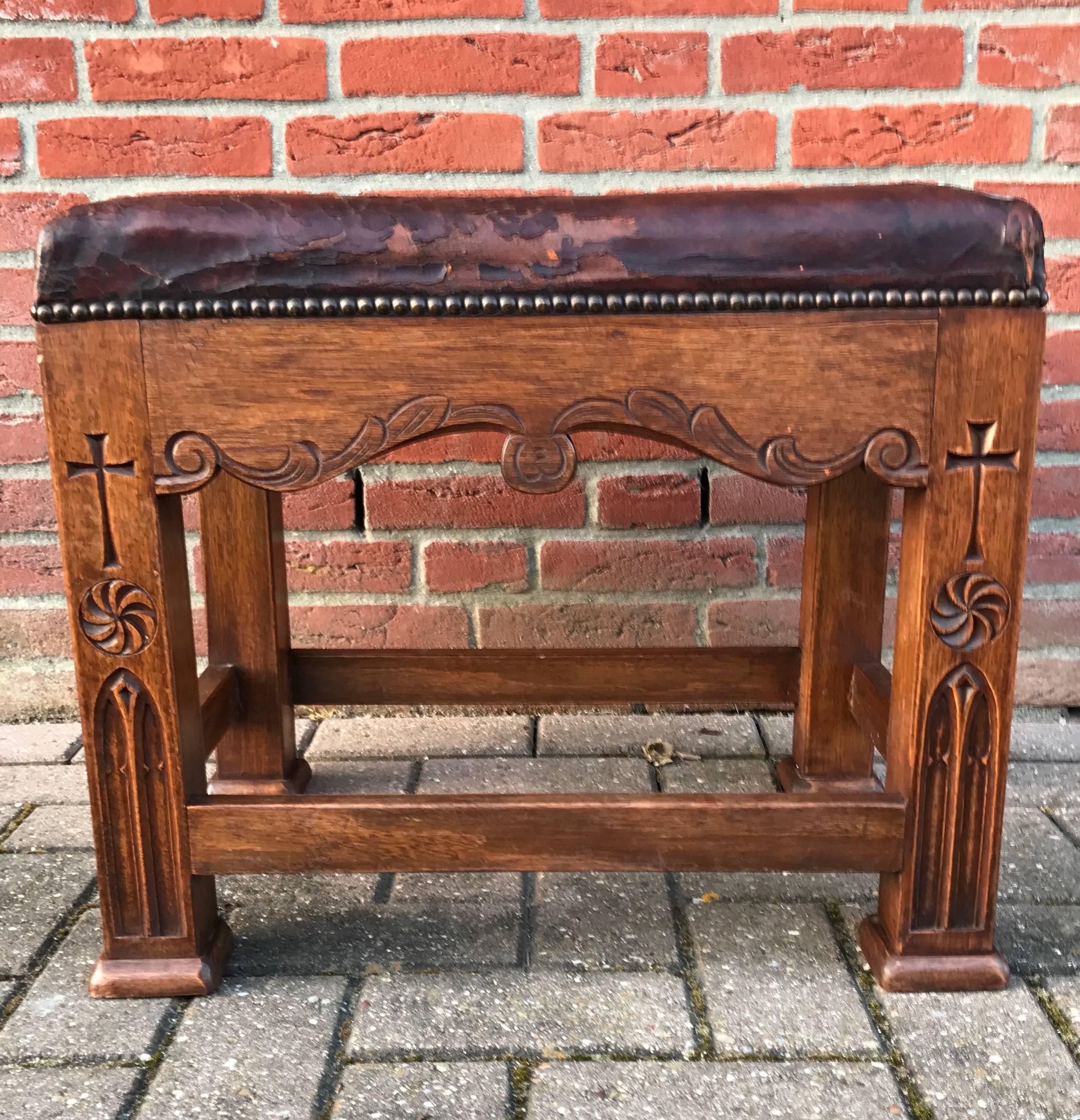 Unique and Quality Carved Gothic Revival Oak Stool with Original Leather Seating 3