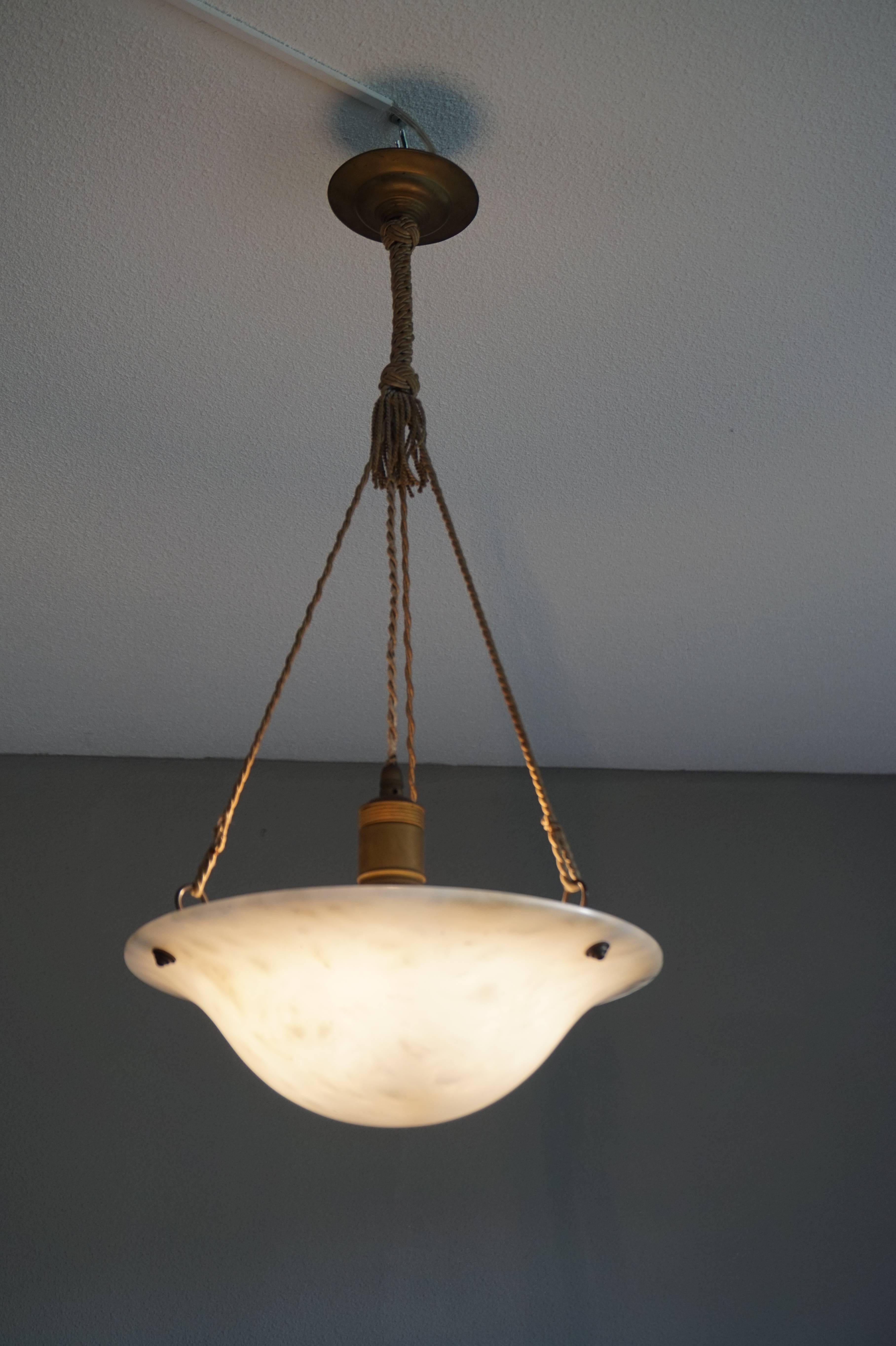 Hand-Crafted Antique Little White Alabaster Pendant Ceiling Lamp with Original Rope & Canopy