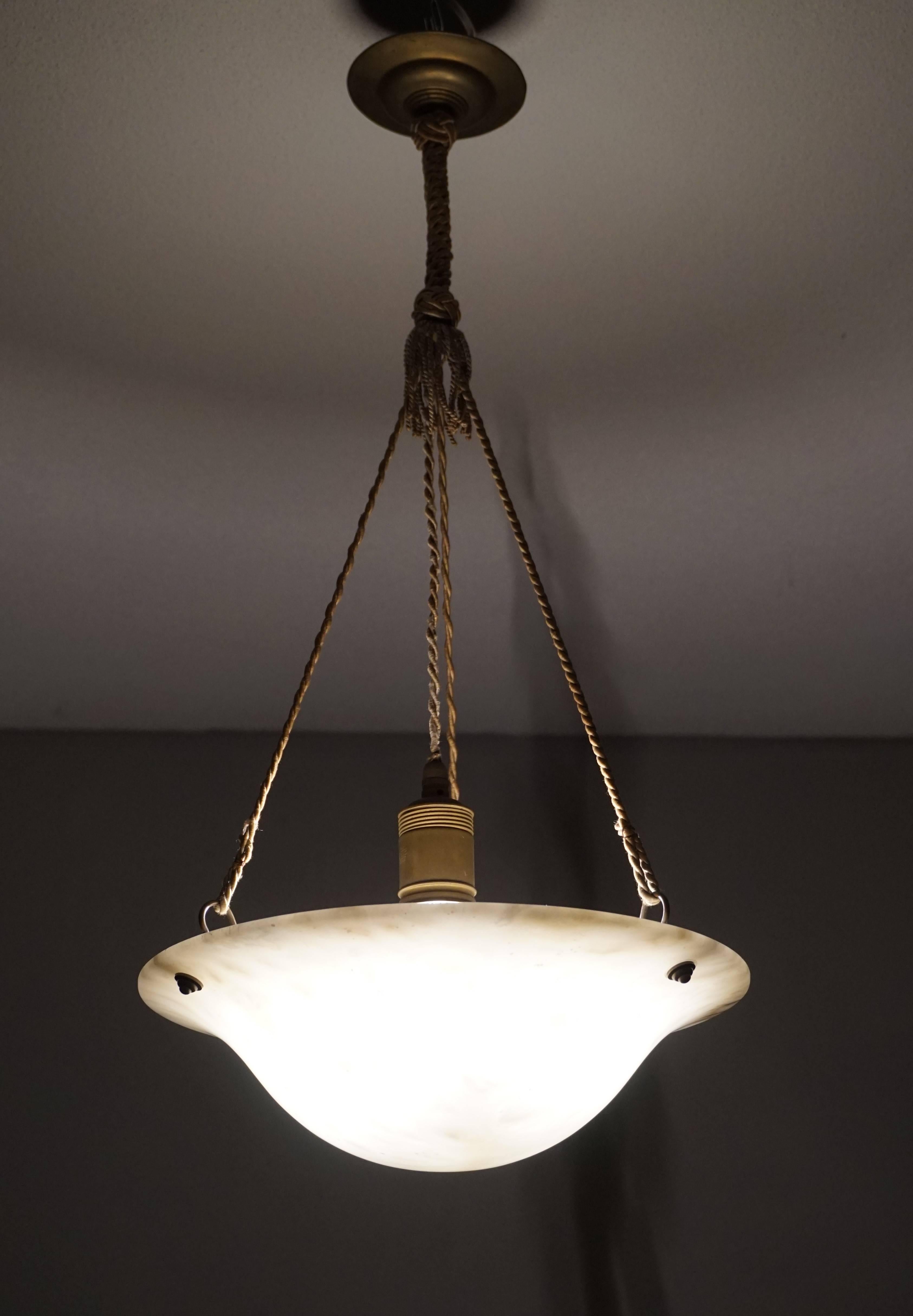 Antique Little White Alabaster Pendant Ceiling Lamp with Original Rope & Canopy 1