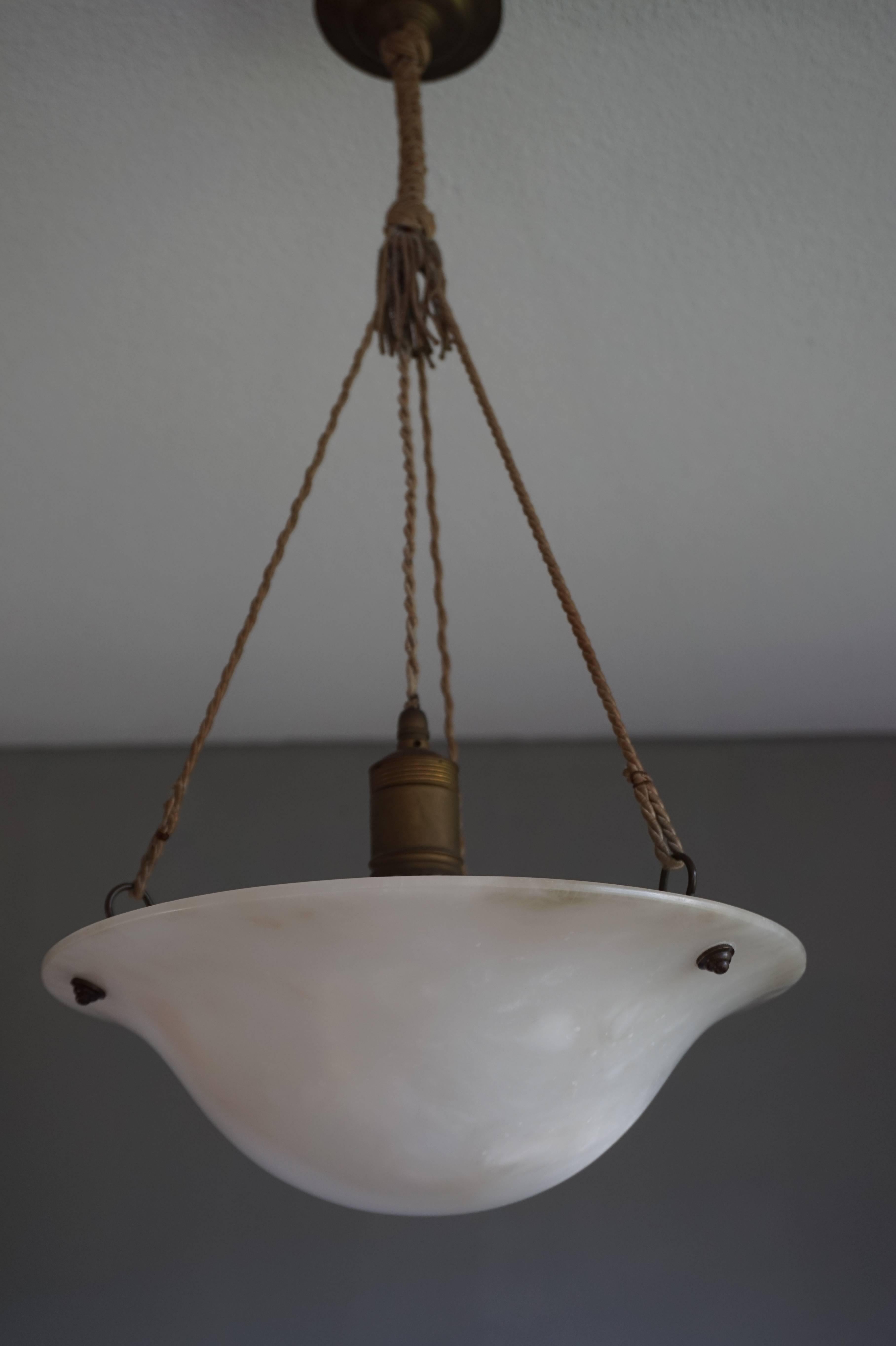 Antique Little White Alabaster Pendant Ceiling Lamp with Original Rope & Canopy In Excellent Condition In Lisse, NL