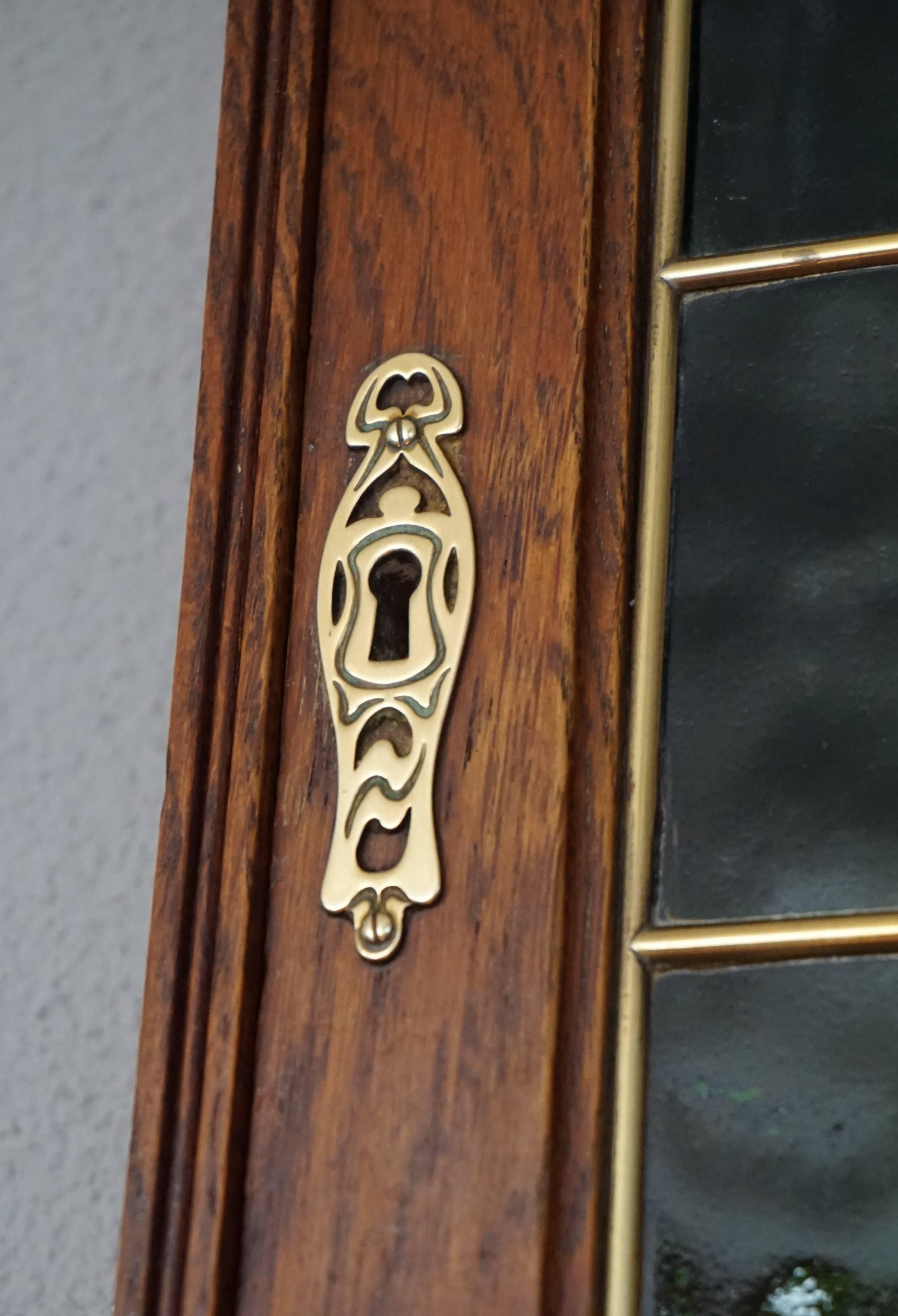 Hand-Crafted Stunning Little Arts and Crafts Wall Cabinet for Keys with Brass and Green Glass