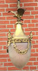 Early 20th Century Bronze and Glass Neoclassical Pendant with an Eagle & Putti
