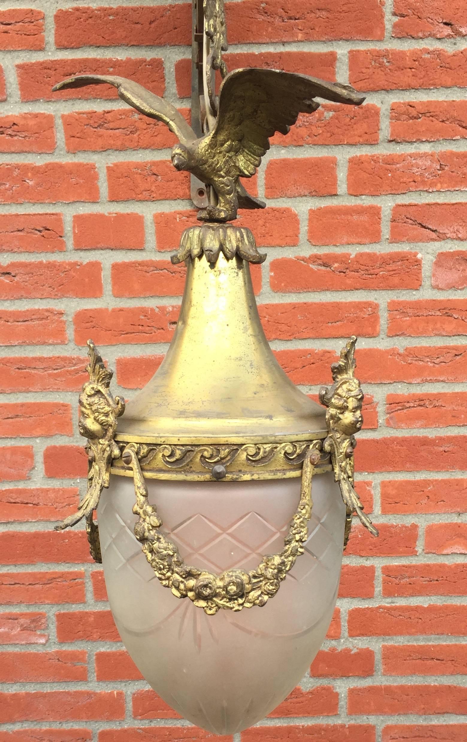 Early 20th Century Bronze and Glass Neoclassical Pendant with an Eagle & Putti 2