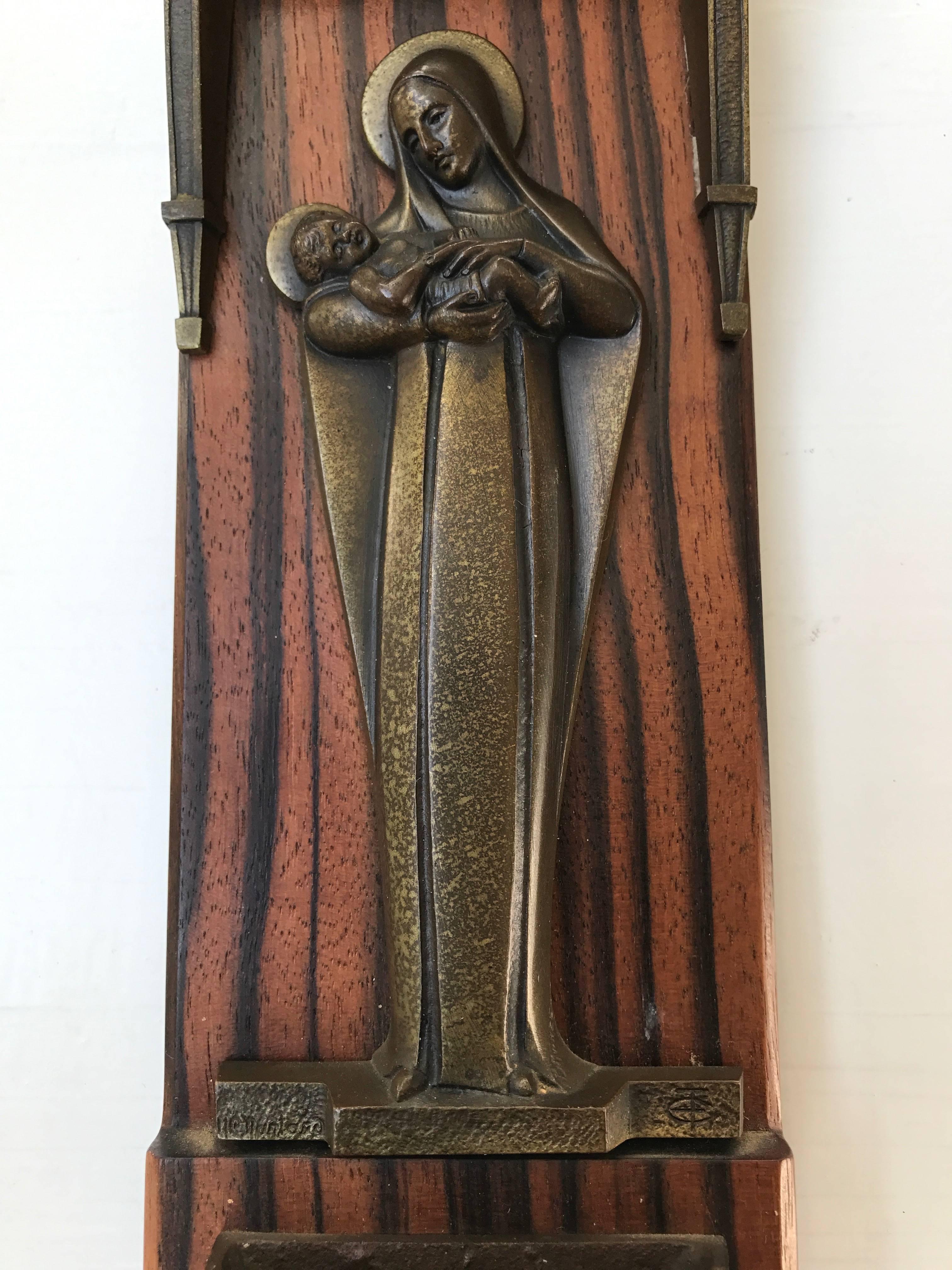French Art Deco Chapel Wall Plaque with Bronze Mary and Child above a Holy Water Font
