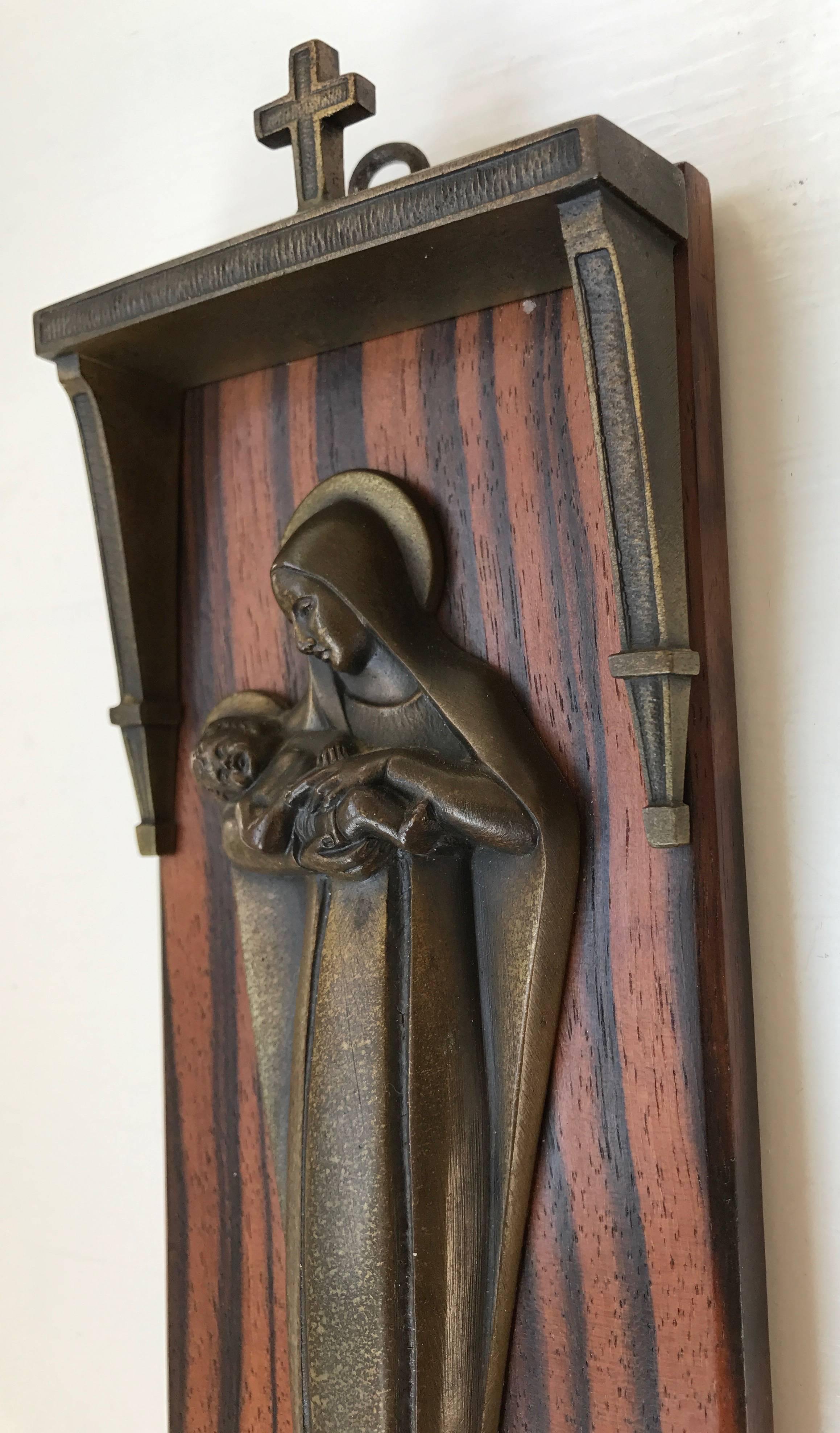 Art Deco Chapel Wall Plaque with Bronze Mary and Child above a Holy Water Font In Excellent Condition In Lisse, NL