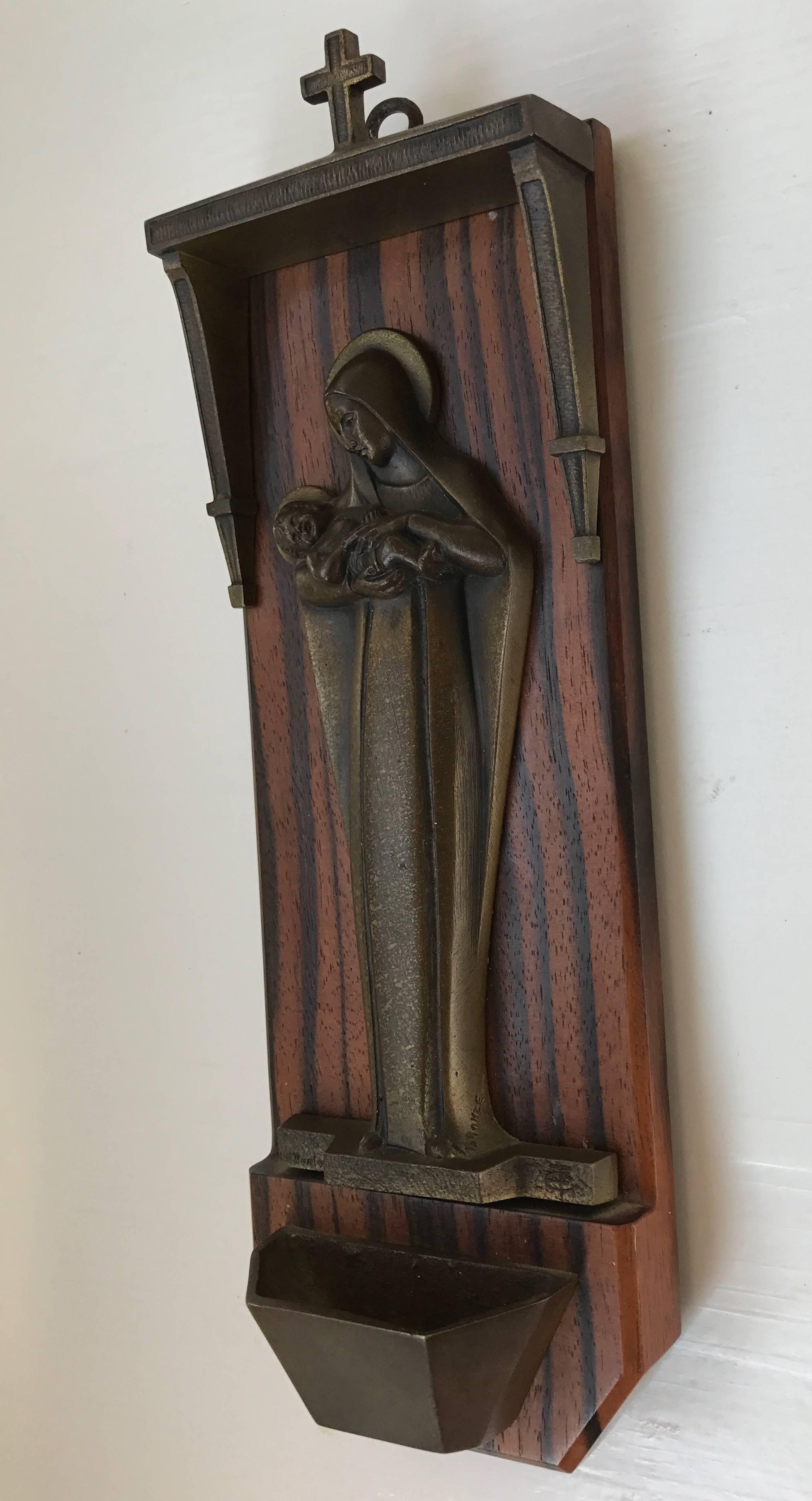 Art Deco Chapel Wall Plaque with Bronze Mary and Child above a Holy Water Font 2