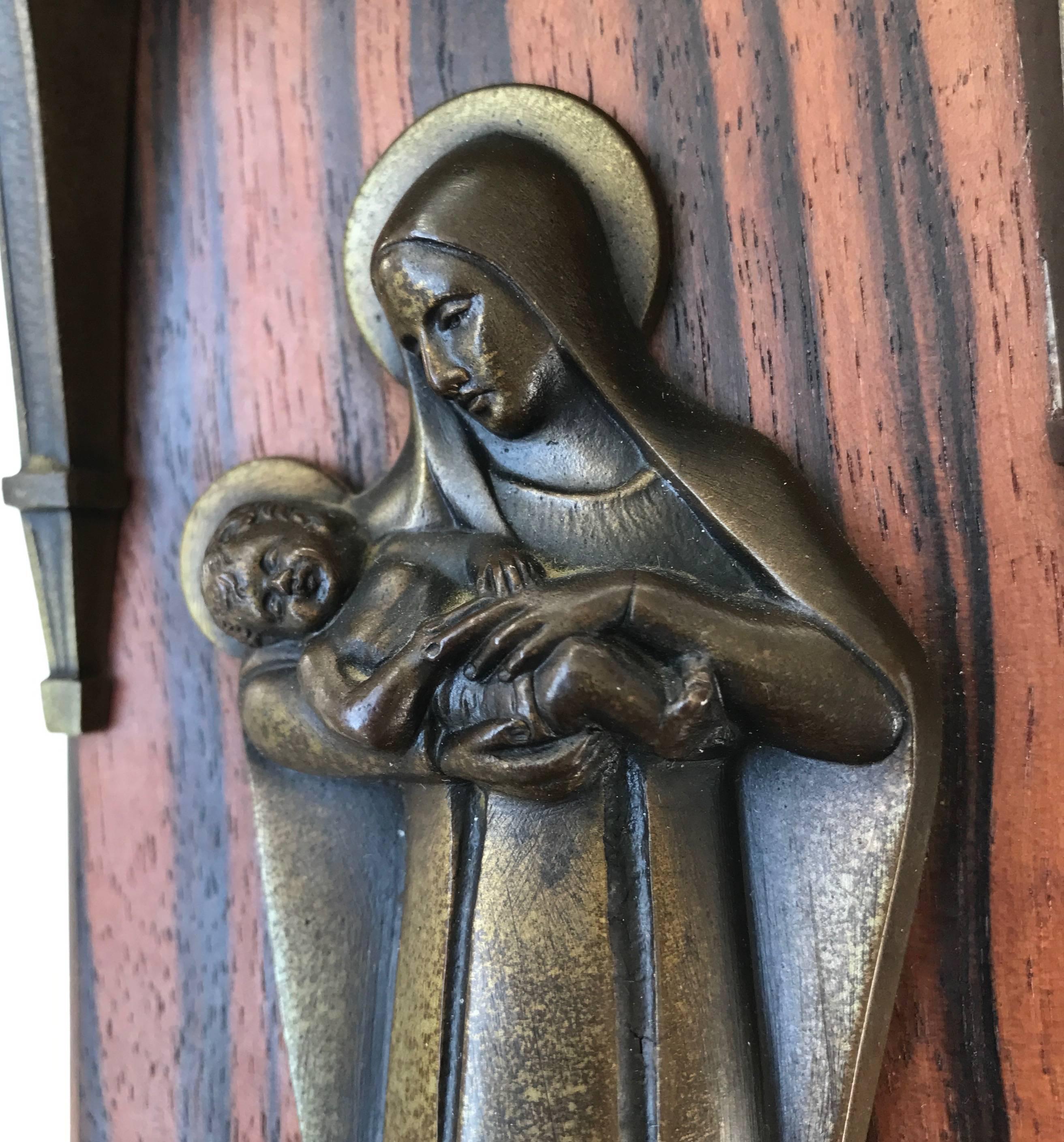 Art Deco Chapel Wall Plaque with Bronze Mary and Child above a Holy Water Font 5