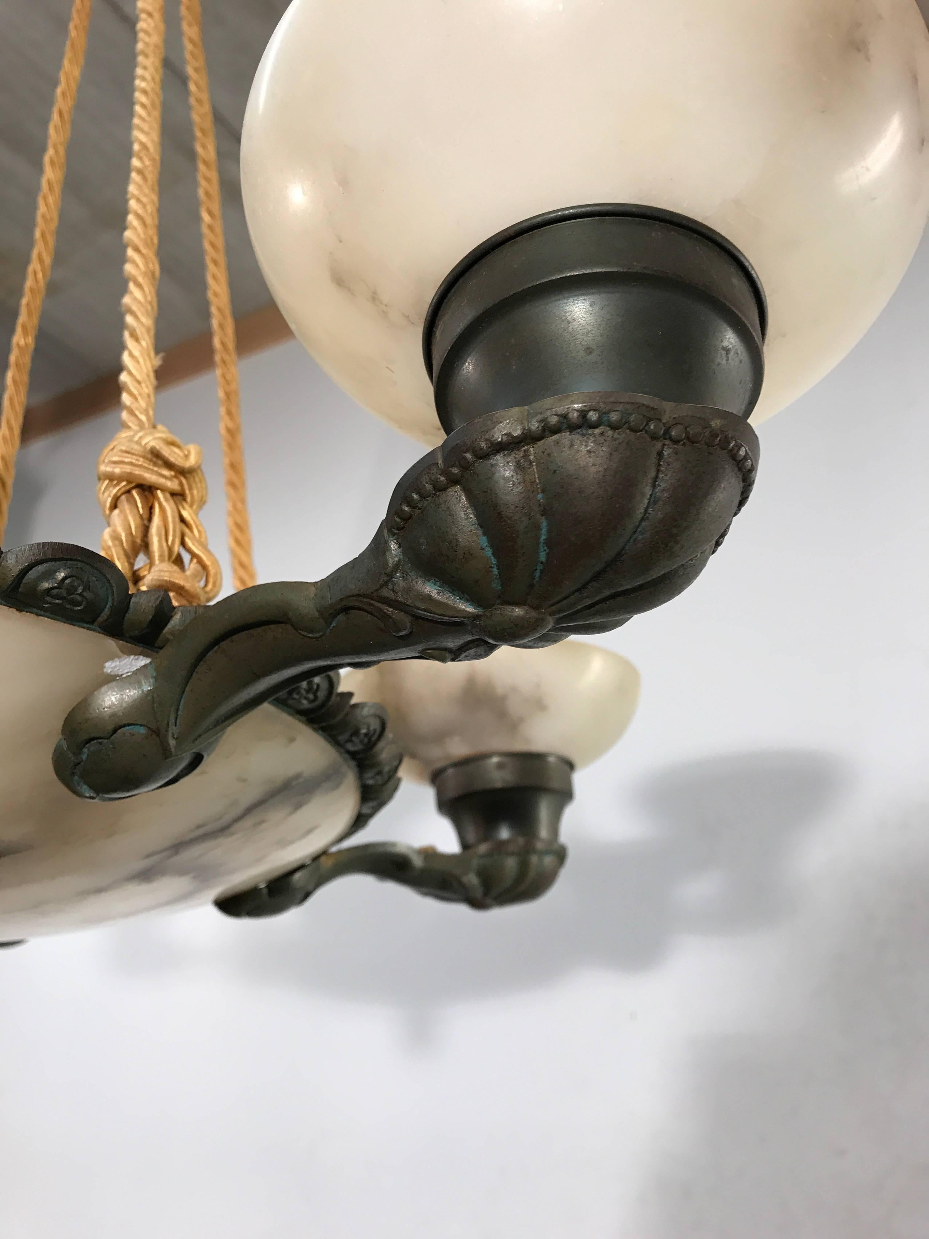 20th Century 1920s Art Deco Alabaster and Bronze Six-Light Handcrafted Pendant or Chandelier