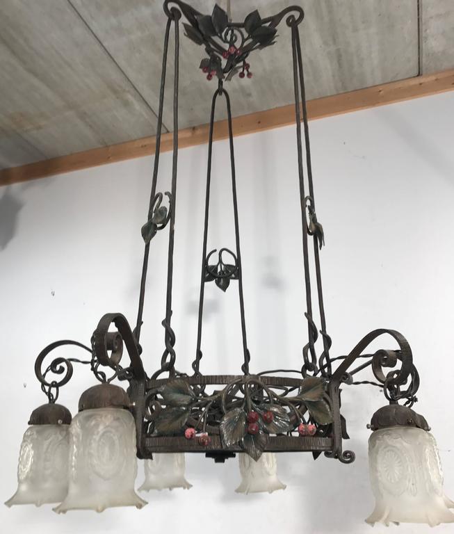 French Top Quality and Design Wrought Iron Arts and Crafts Chandelier with Glass Shades For Sale