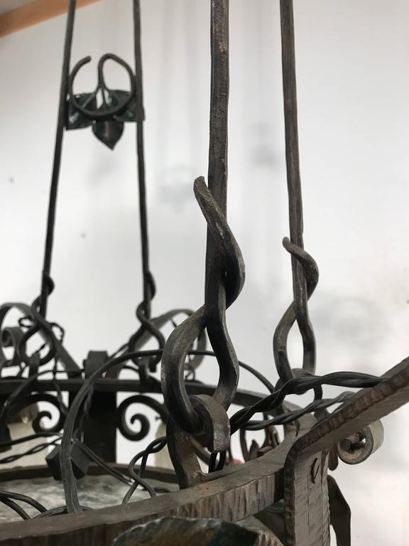 Top Quality and Design Wrought Iron Arts and Crafts Chandelier with Glass Shades In Excellent Condition For Sale In Lisse, NL
