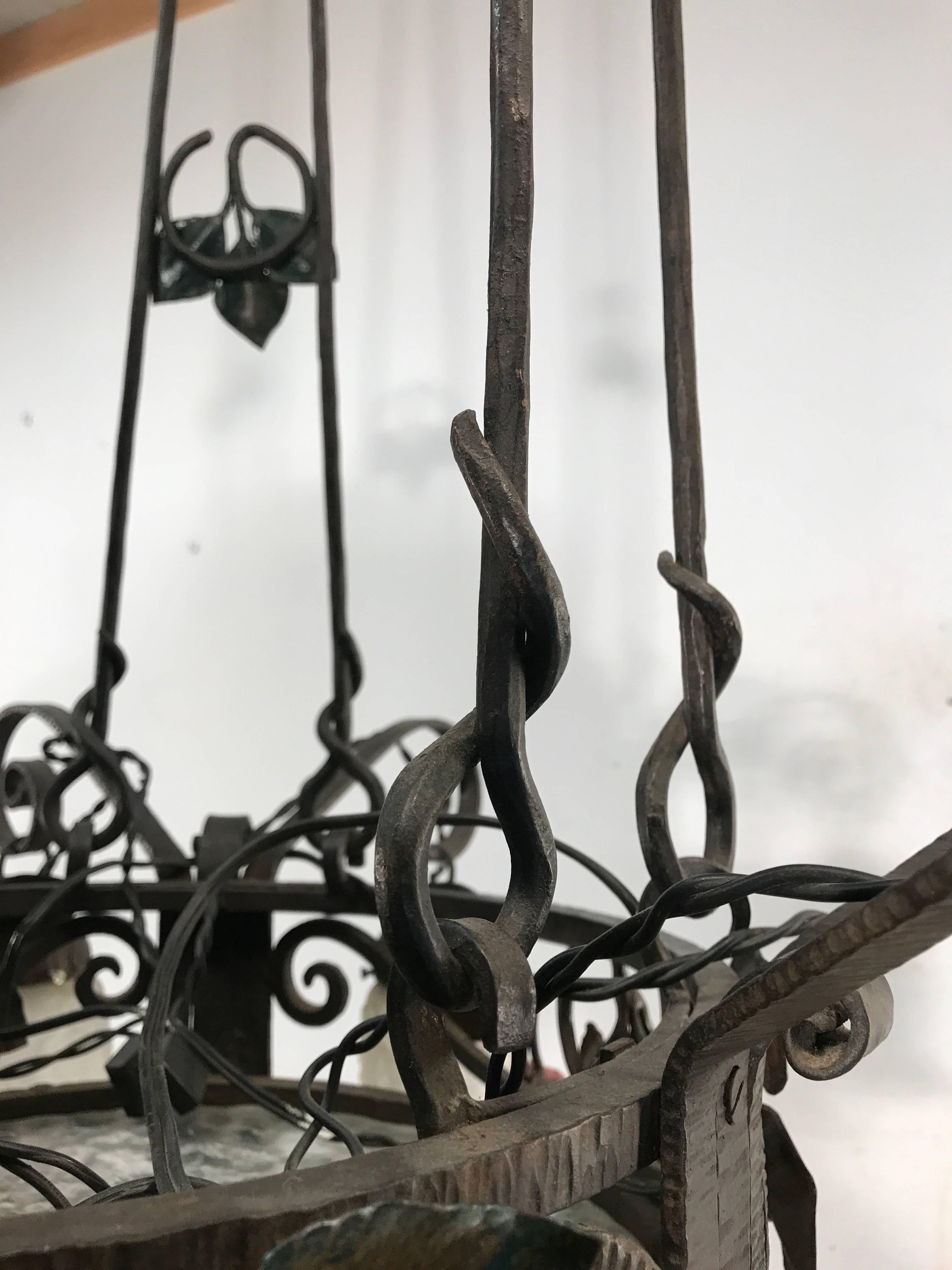 Hand-Crafted Top Quality and Design Wrought Iron Arts and Crafts Chandelier with Glass Shades For Sale