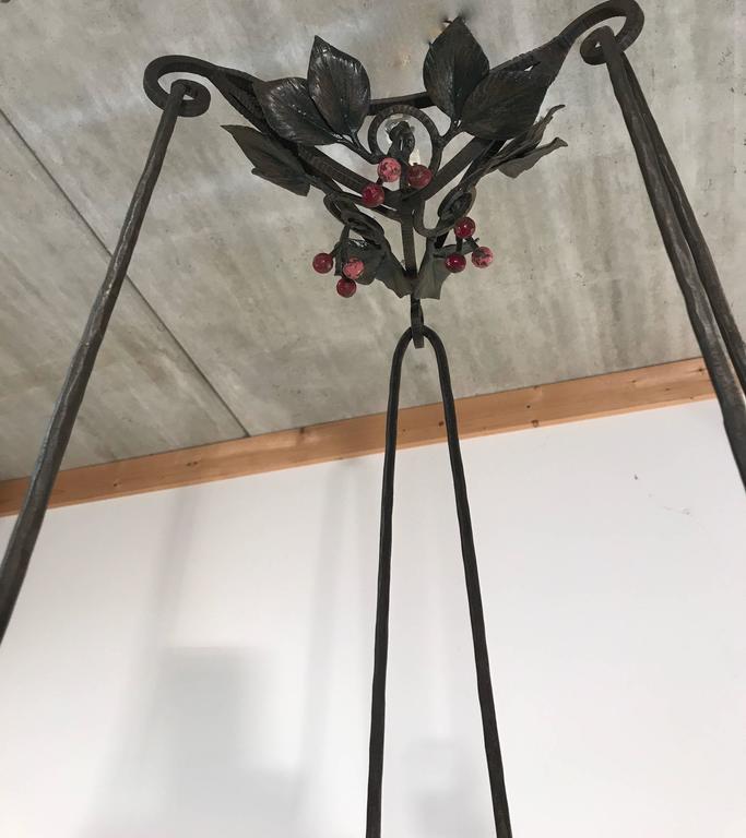 20th Century Top Quality and Design Wrought Iron Arts and Crafts Chandelier with Glass Shades For Sale