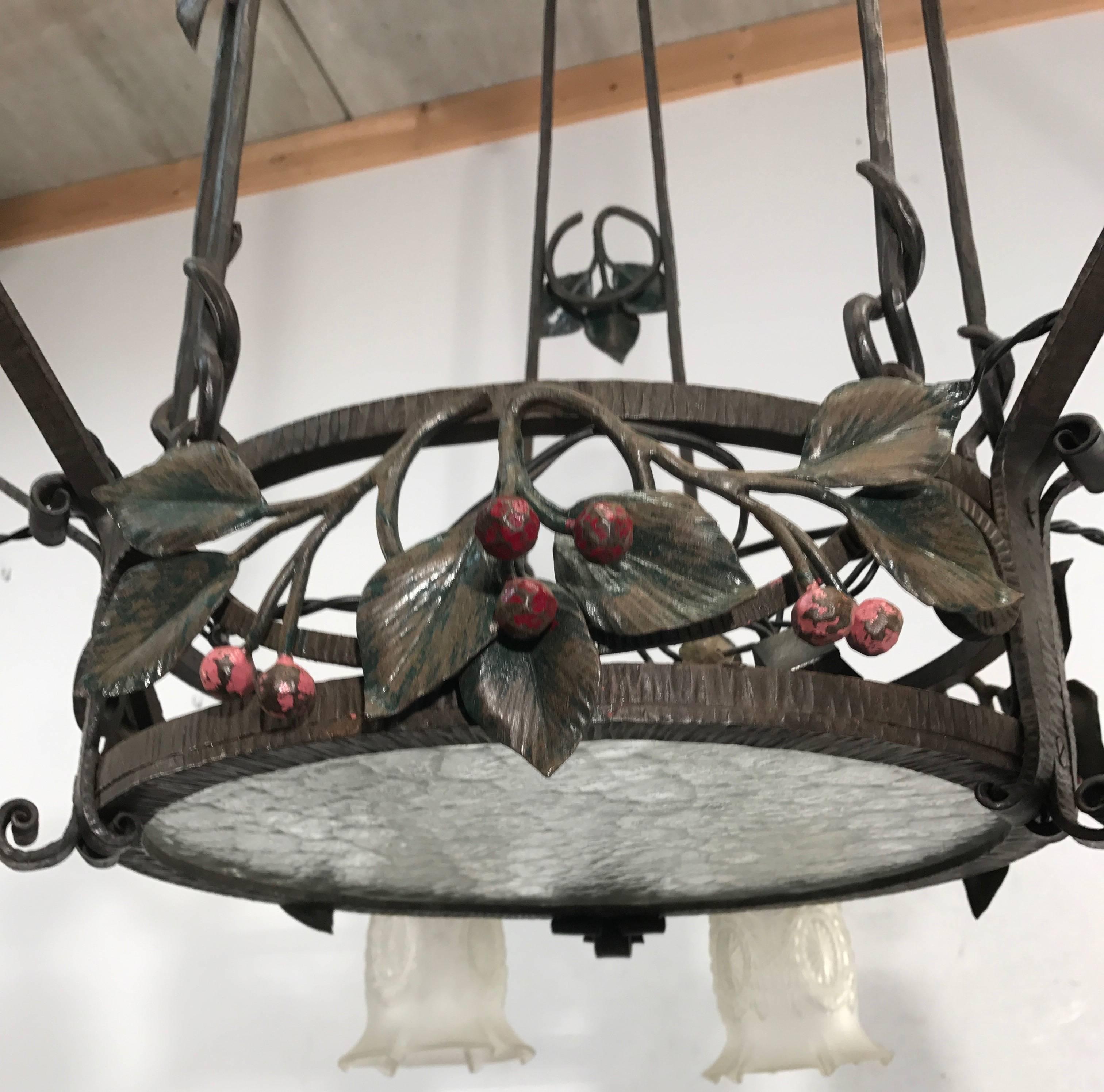 20th Century Top Quality and Design Wrought Iron Arts and Crafts Chandelier with Glass Shades For Sale