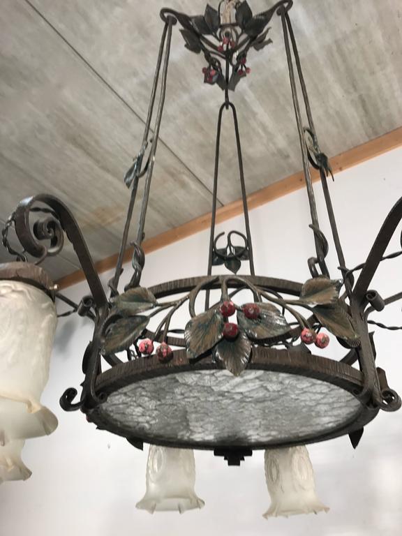 Top Quality and Design Wrought Iron Arts and Crafts Chandelier with Glass Shades For Sale 3