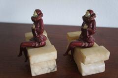 Pair of Art Deco Alabaster and Hand Painted Spelter Pierrot / Pierrette Bookends