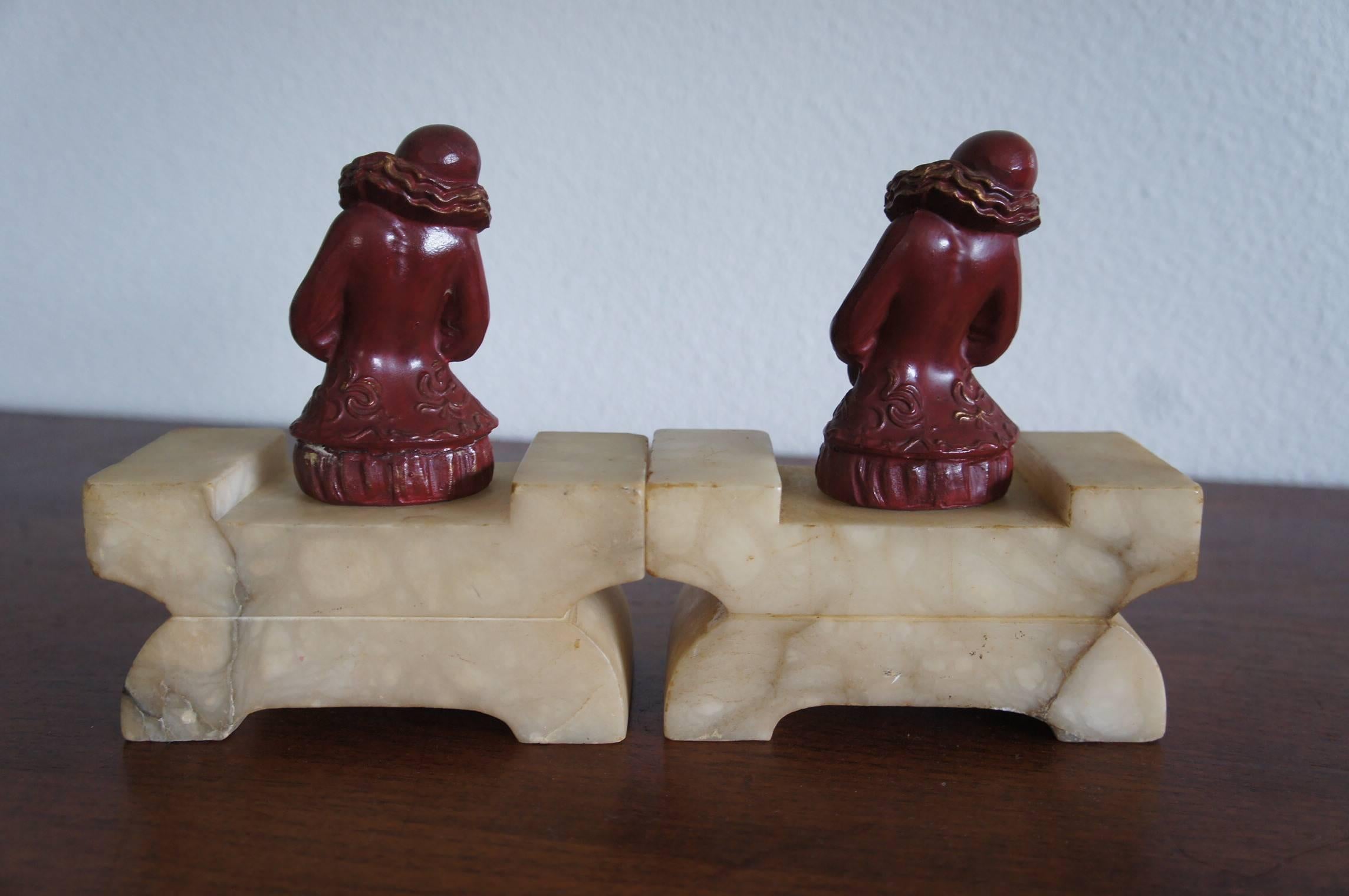 European Pair of Art Deco Alabaster and Hand Painted Spelter Pierrot / Pierrette Bookends