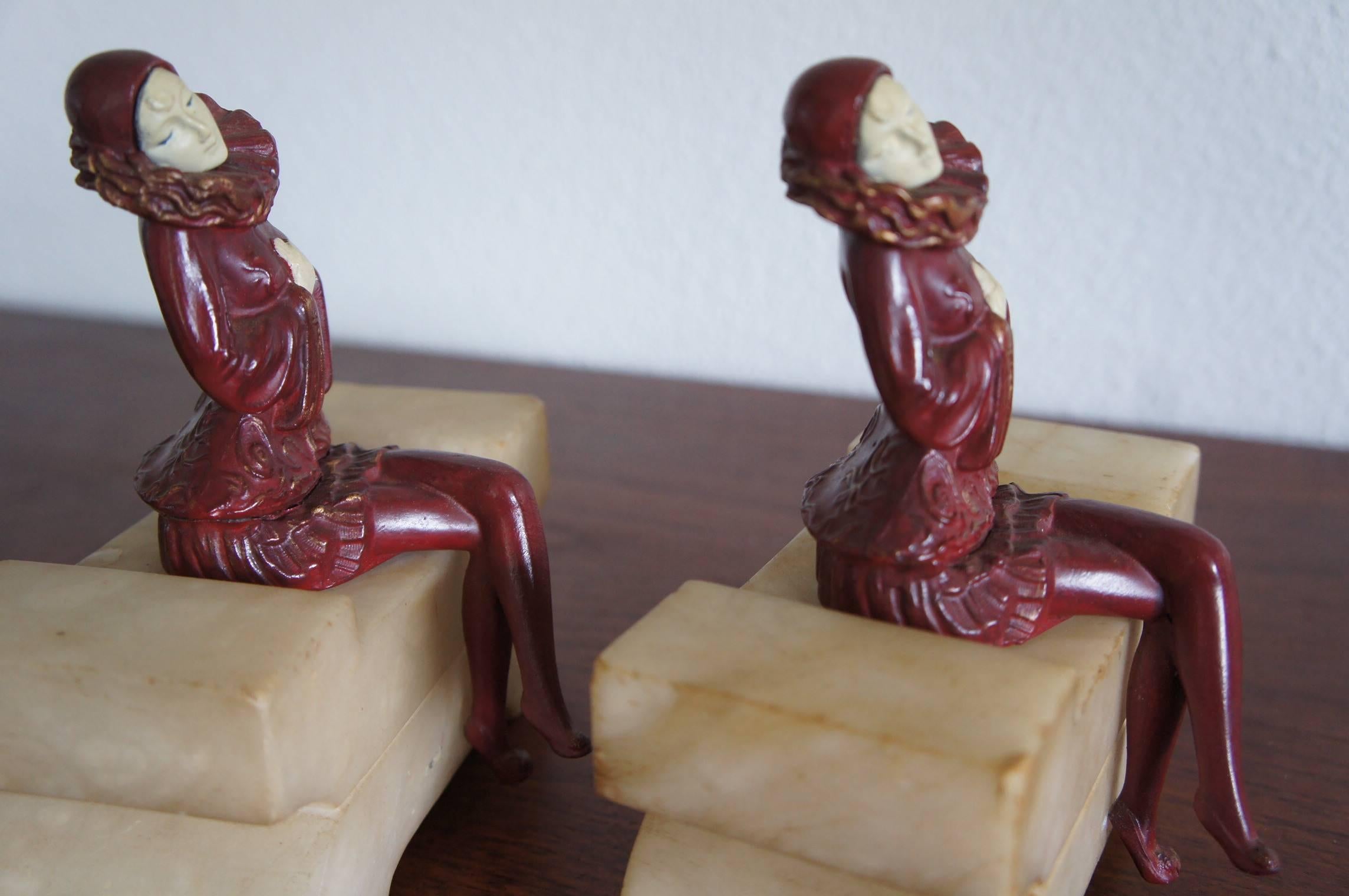 Hand-Crafted Pair of Art Deco Alabaster and Hand Painted Spelter Pierrot / Pierrette Bookends
