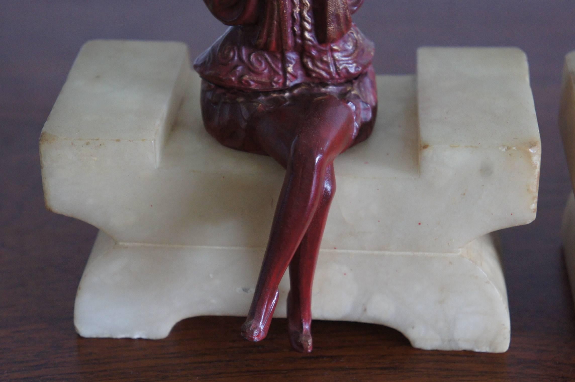 20th Century Pair of Art Deco Alabaster and Hand Painted Spelter Pierrot / Pierrette Bookends