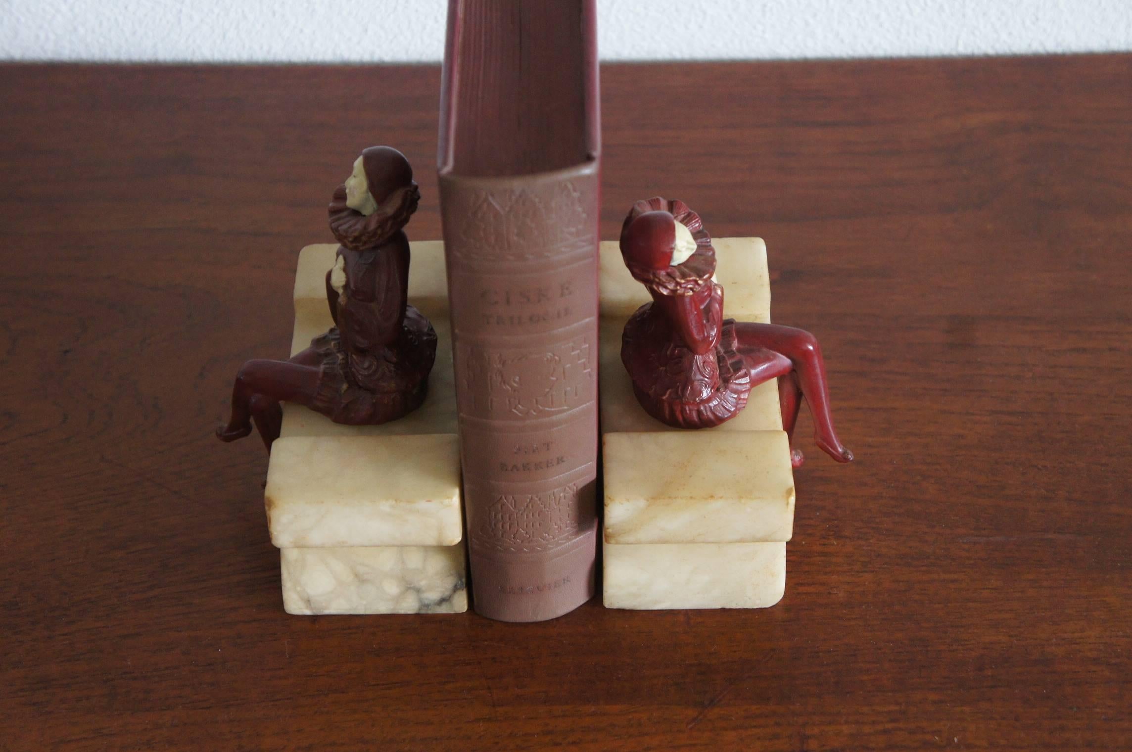 Pair of Art Deco Alabaster and Hand Painted Spelter Pierrot / Pierrette Bookends 1