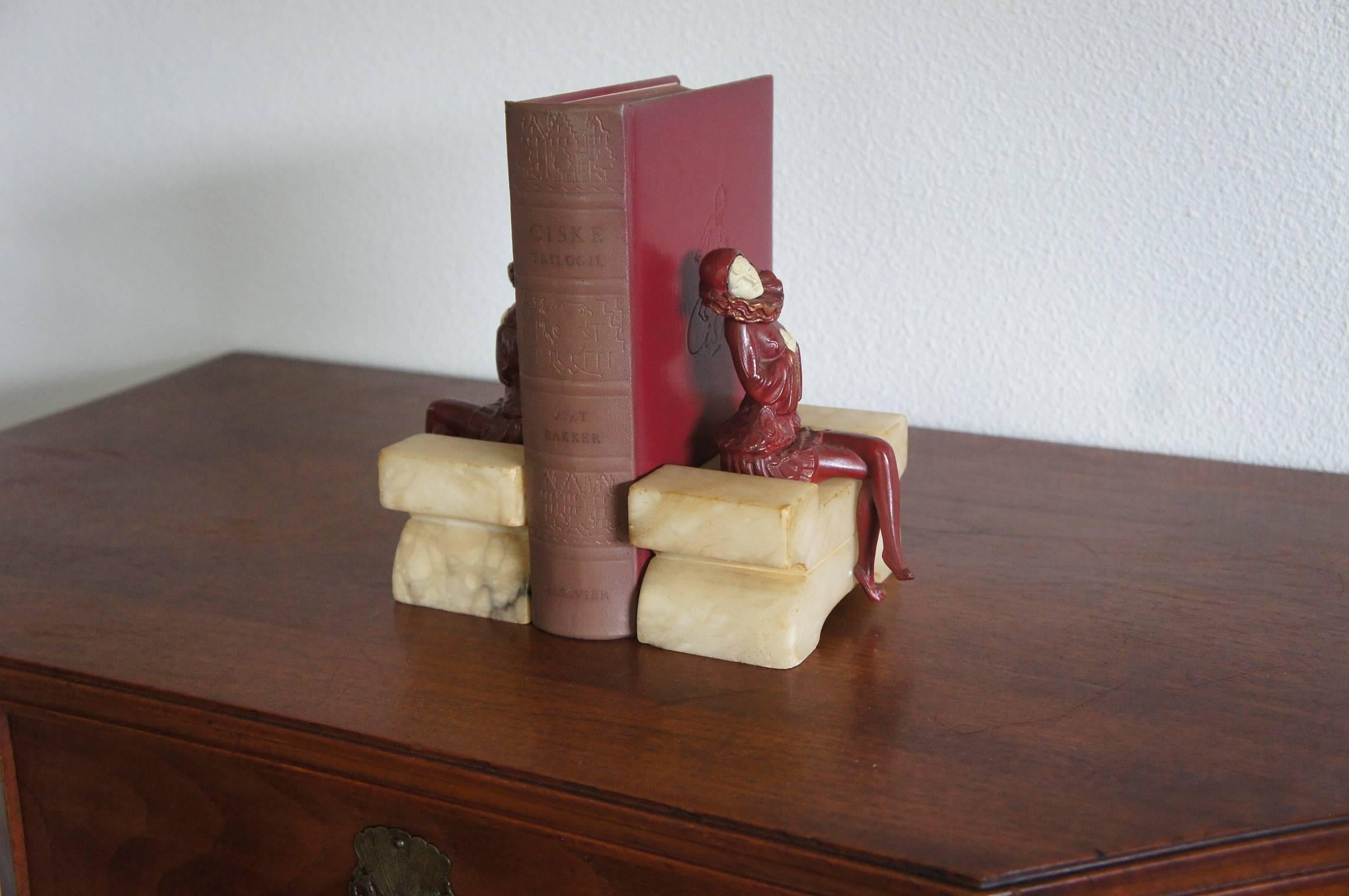 Pair of Art Deco Alabaster and Hand Painted Spelter Pierrot / Pierrette Bookends 2