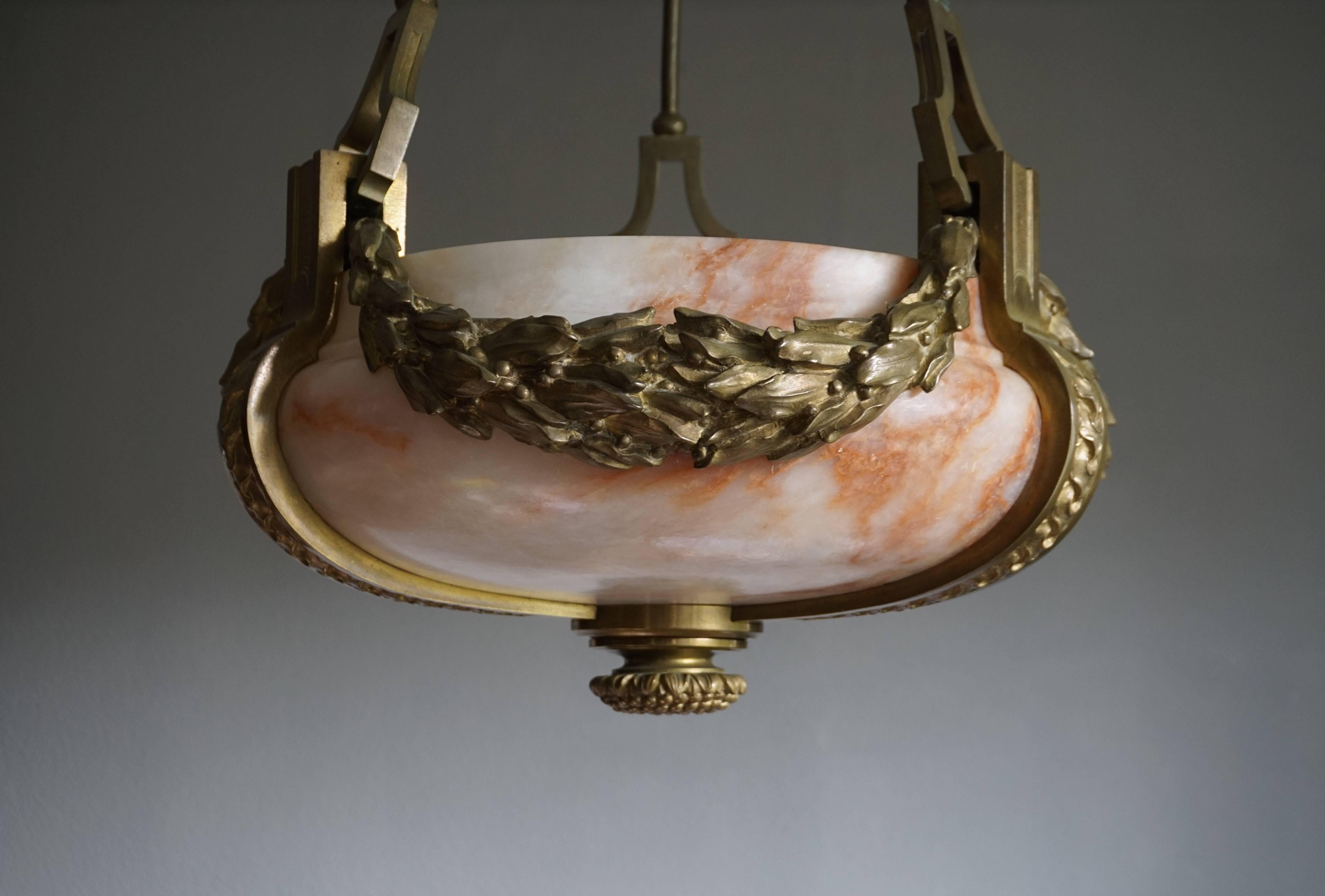 Hand-Carved Stunning Antique Large and Heavy Bronze & Alabaster Pendant / Chandelier