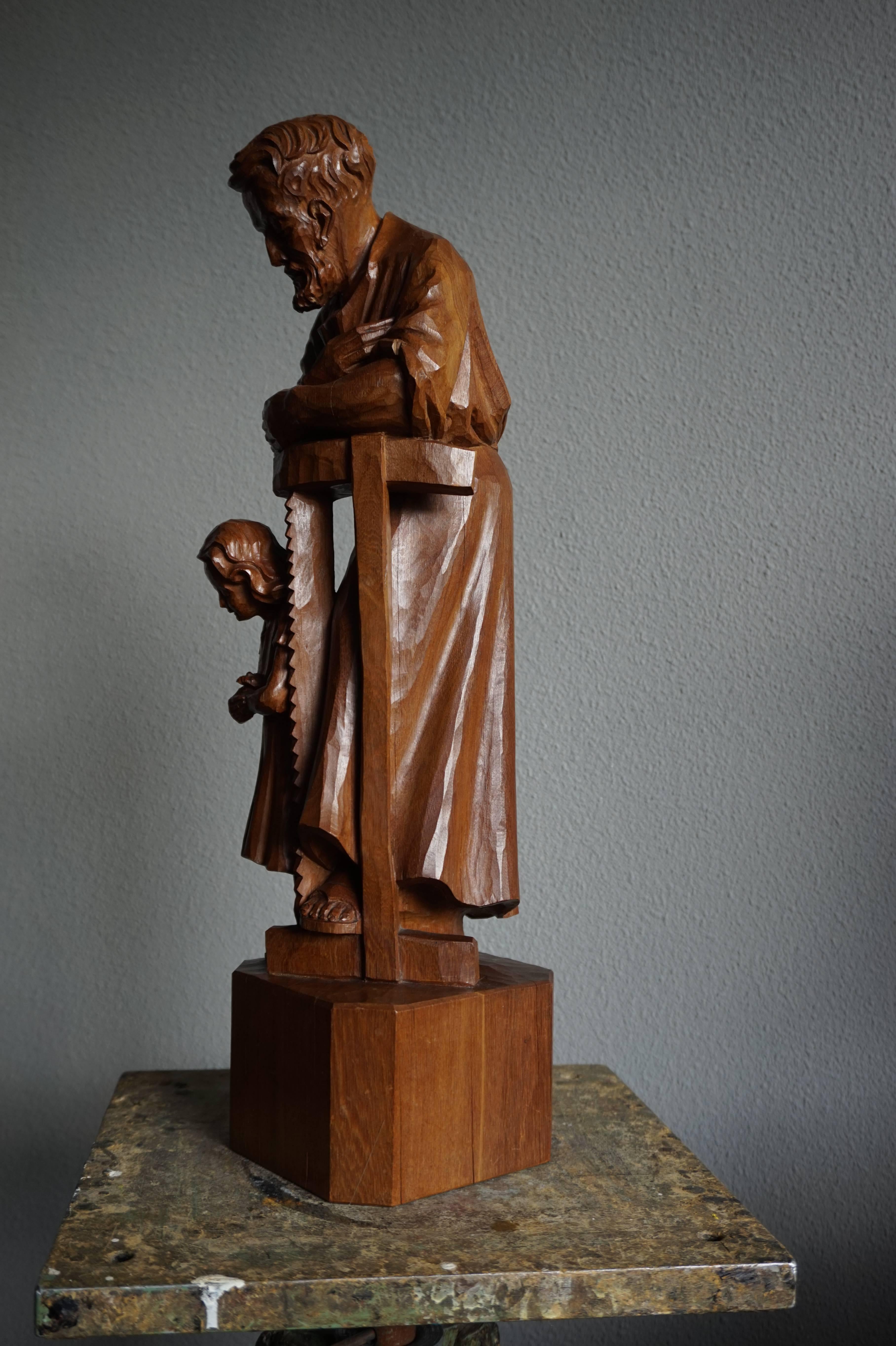 Dutch Impressive Hand-Carved Mourning Father and Daughter Sculpture of Afromosia Wood For Sale
