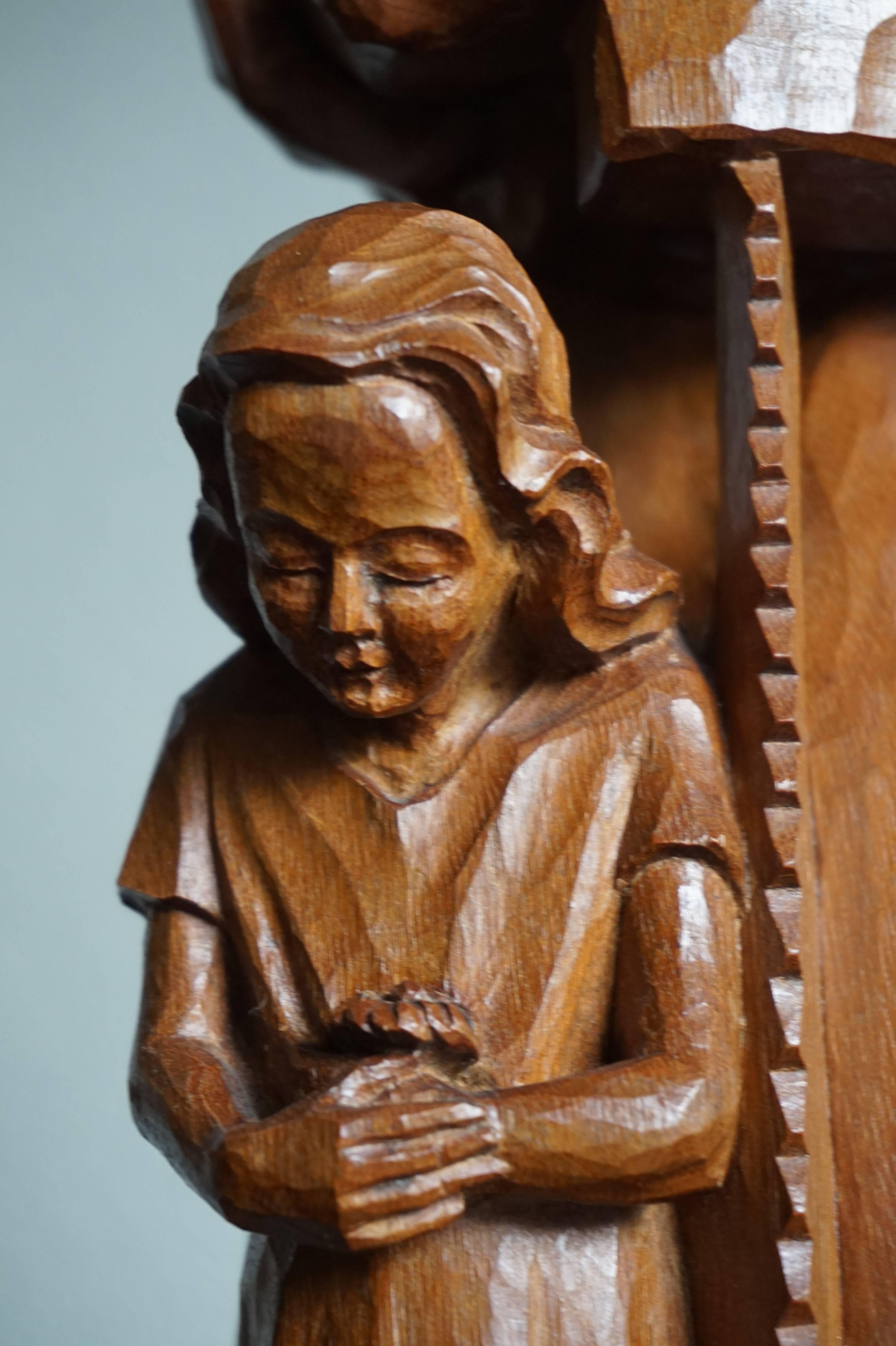 Hardwood Impressive Hand-Carved Mourning Father and Daughter Sculpture of Afromosia Wood For Sale