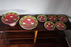 Art Nouveau Majolica Glazed Tableware Set with Lotus Flower Pattern in Relief