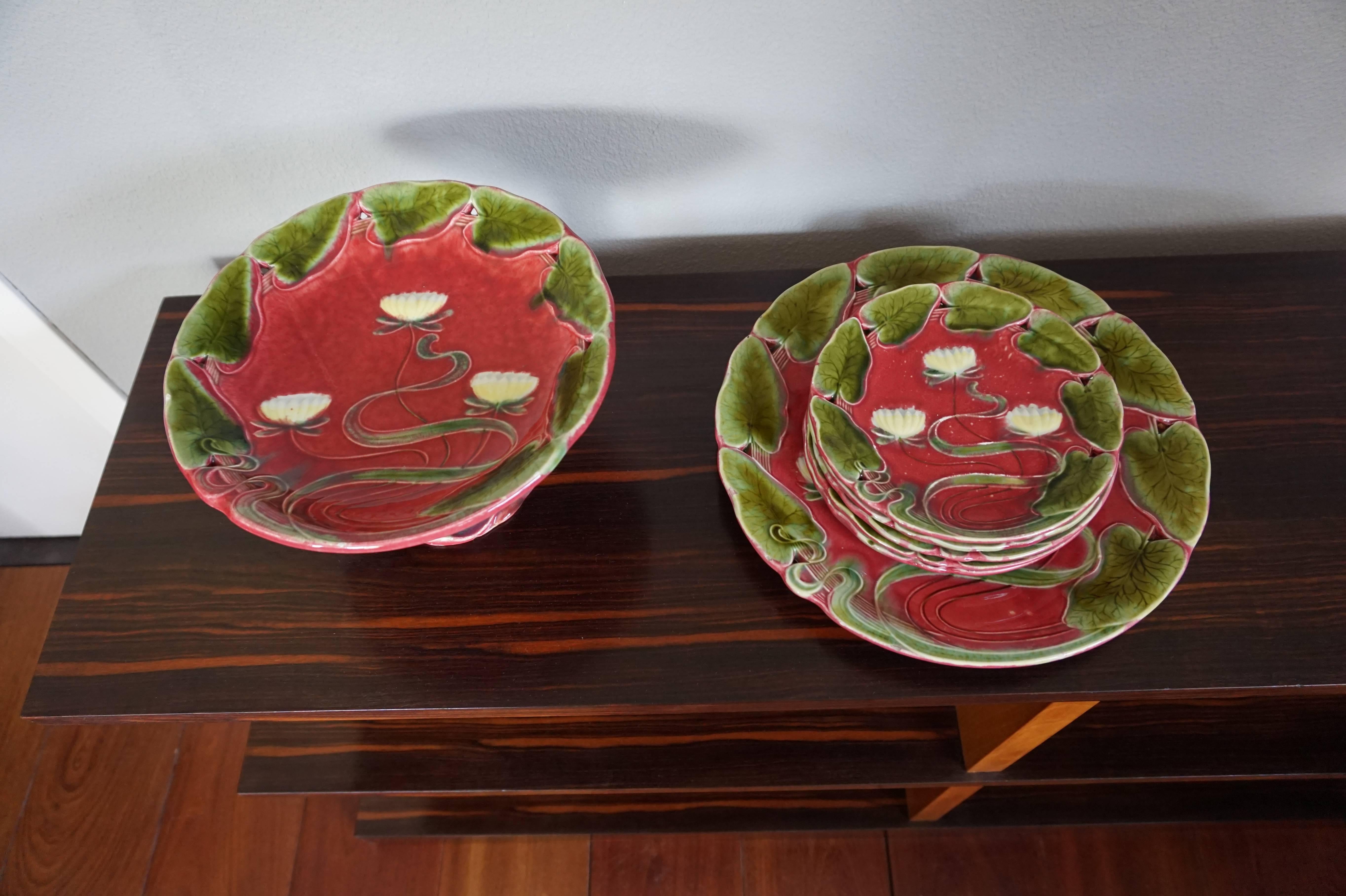 Art Nouveau Majolica Glazed Tableware Set with Lotus Flower Pattern in Relief In Excellent Condition In Lisse, NL