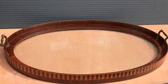 Antique & Large Mahogany and Glass Serving Tray with Intarsia and Brass Handles
