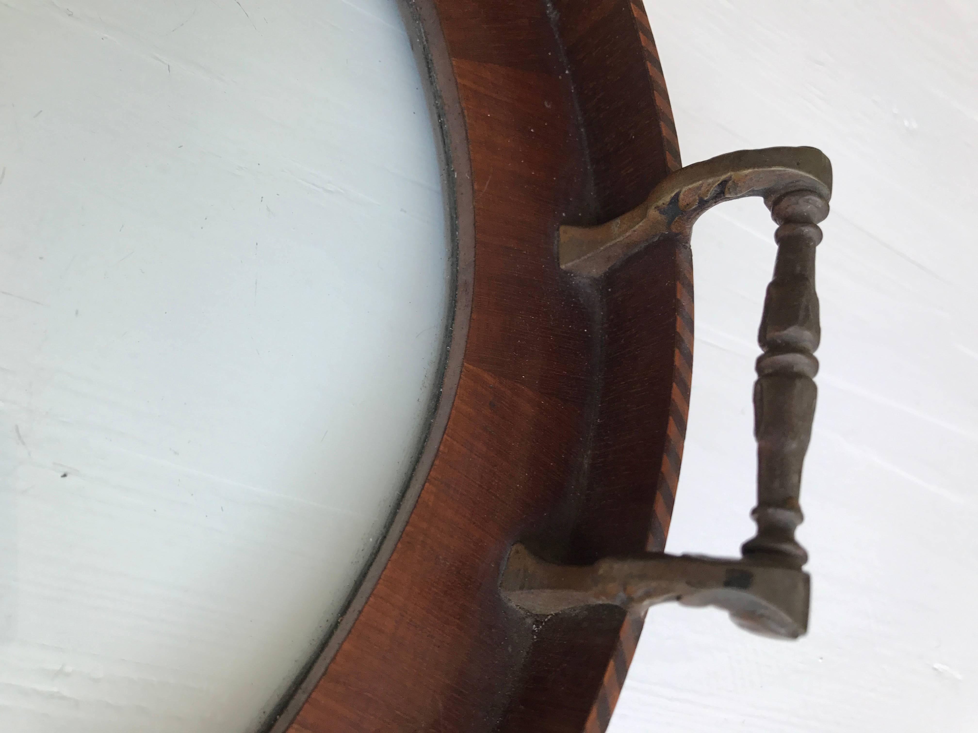 Hand-Crafted Antique & Large Mahogany and Glass Serving Tray with Intarsia and Brass Handles