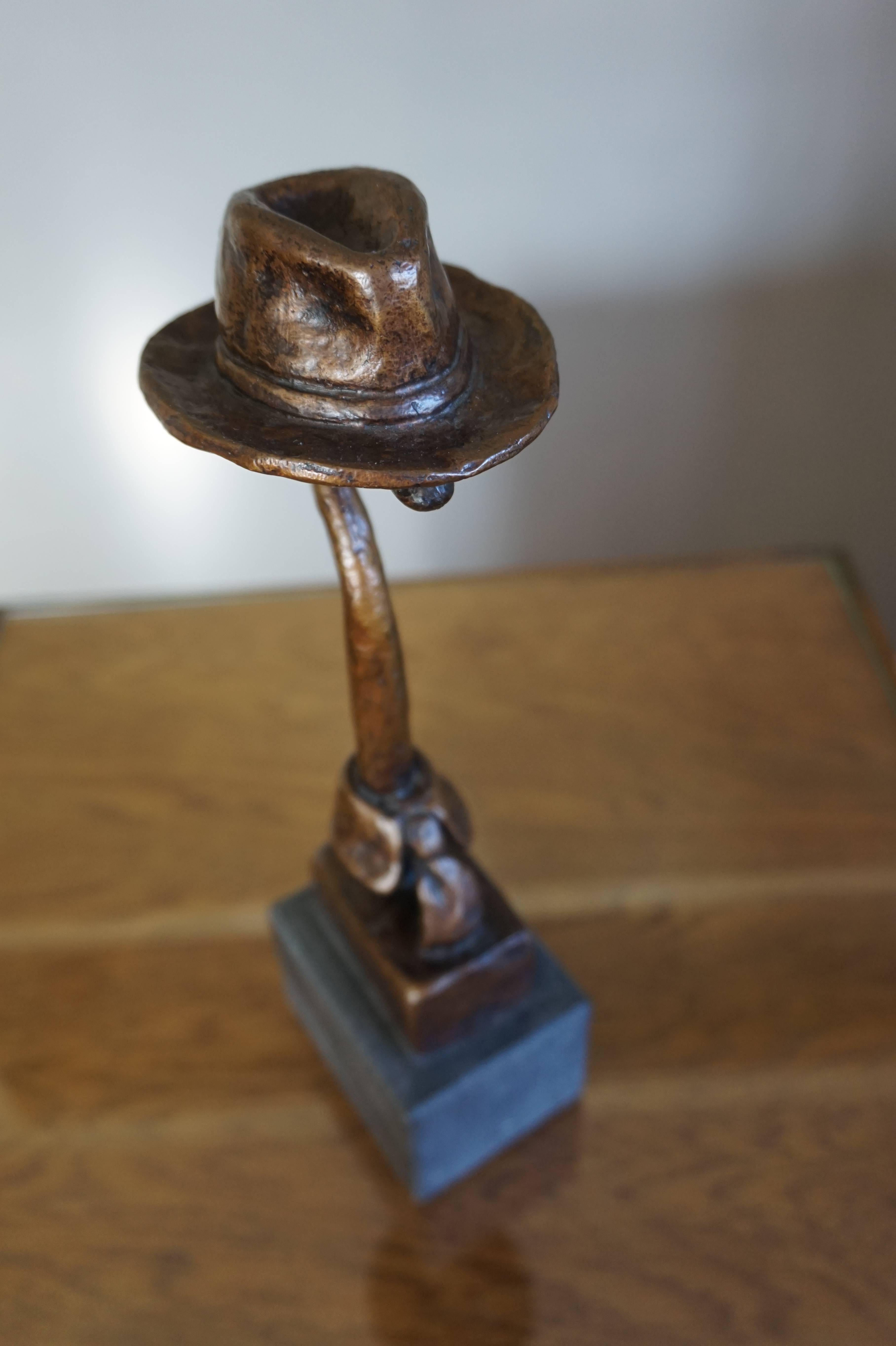 Modern Unique Bronze Fashion Sculpture of Walking Cane in a Hat with Colar & Tie