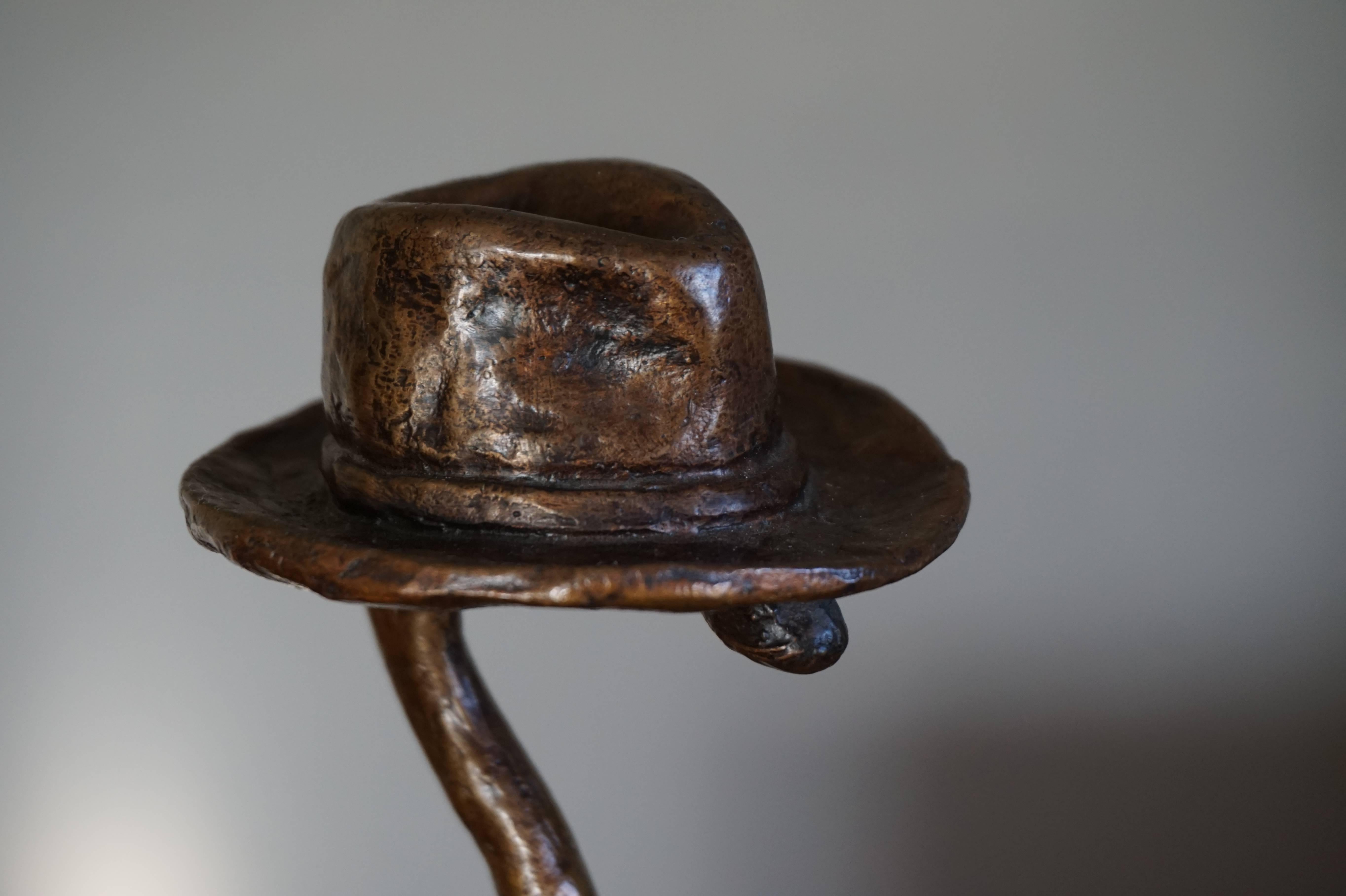 Dutch Unique Bronze Fashion Sculpture of Walking Cane in a Hat with Colar & Tie