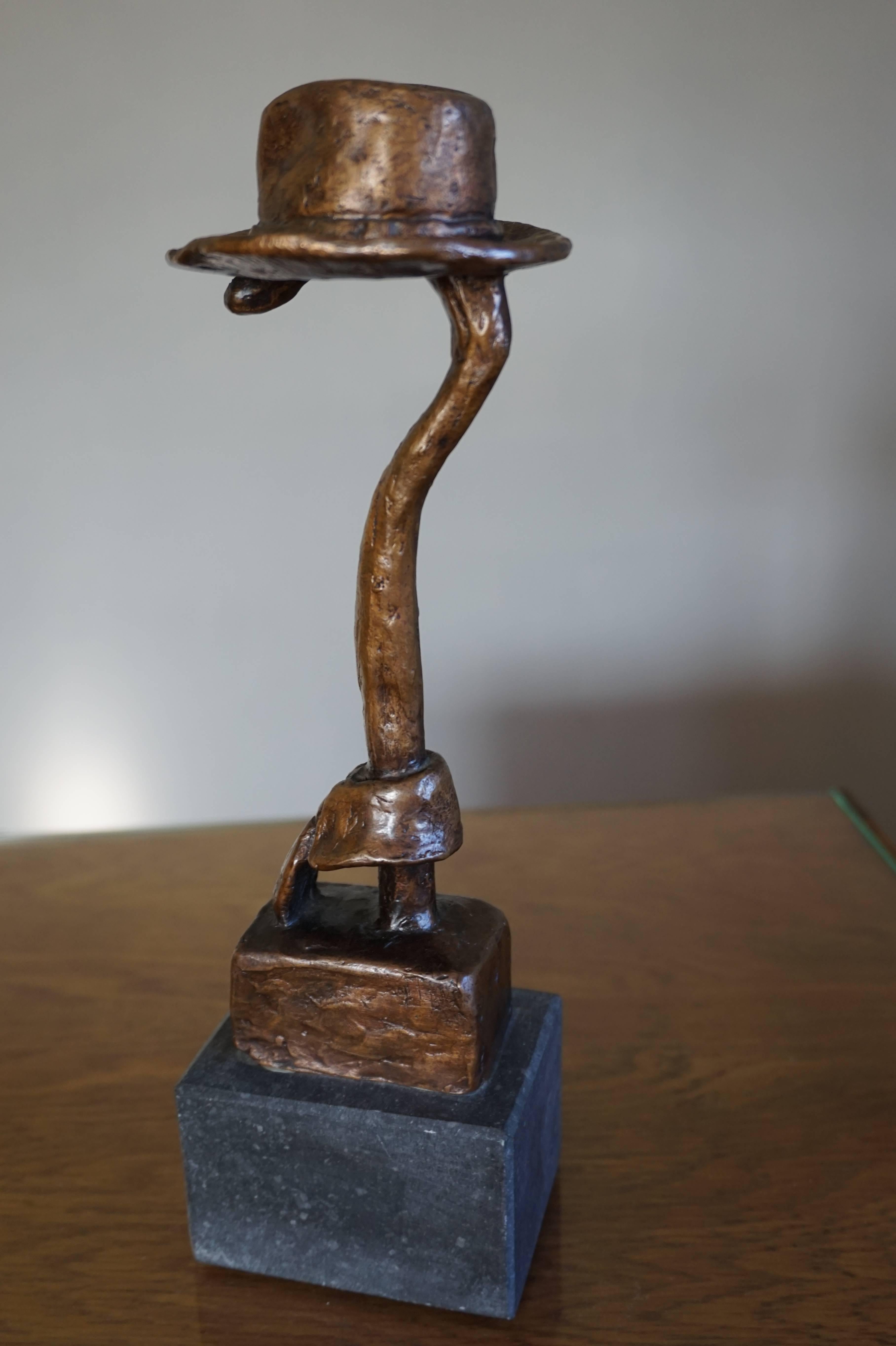 Hand-Crafted Unique Bronze Fashion Sculpture of Walking Cane in a Hat with Colar & Tie