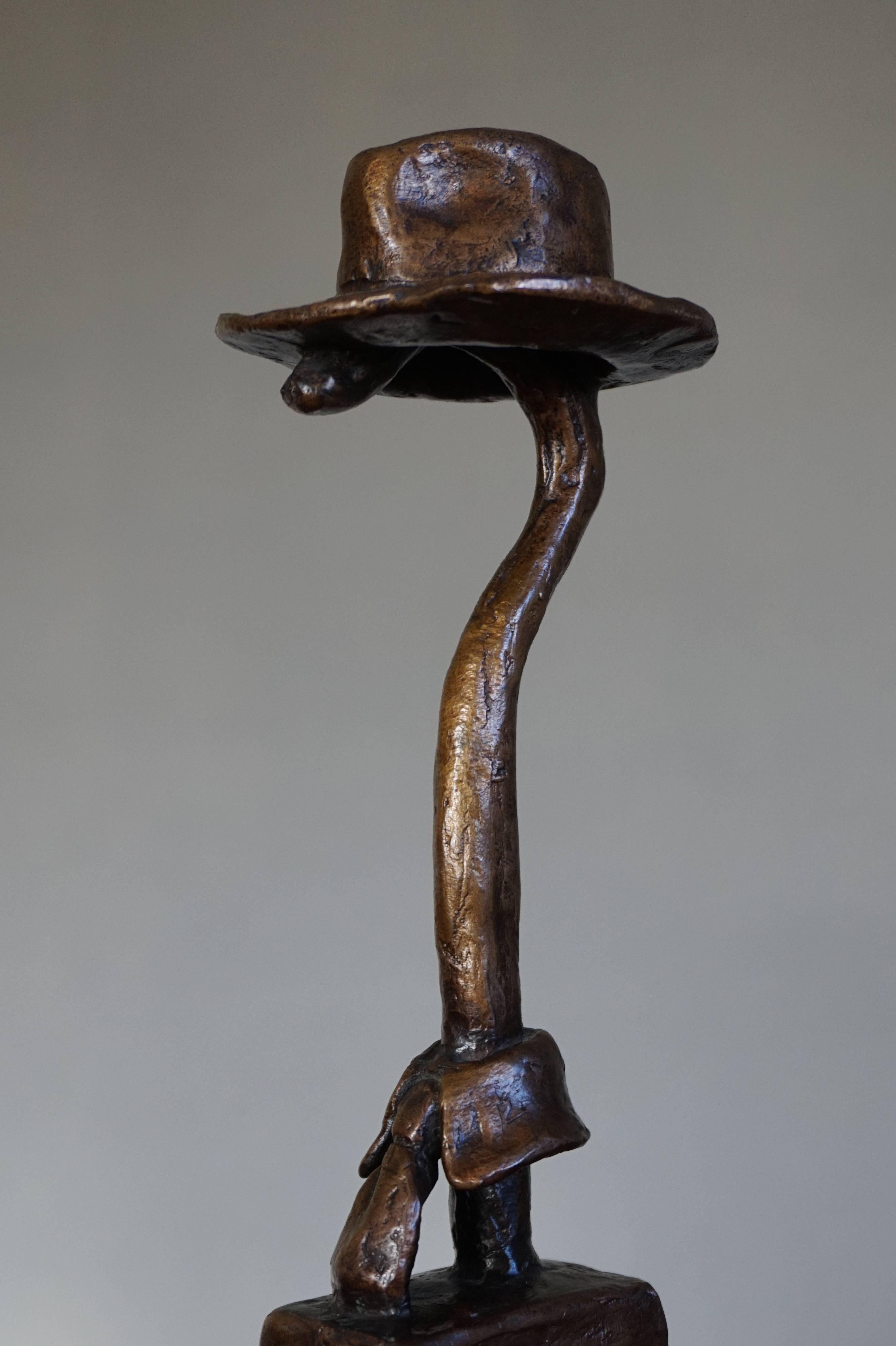 Unique Bronze Fashion Sculpture of Walking Cane in a Hat with Colar & Tie 1