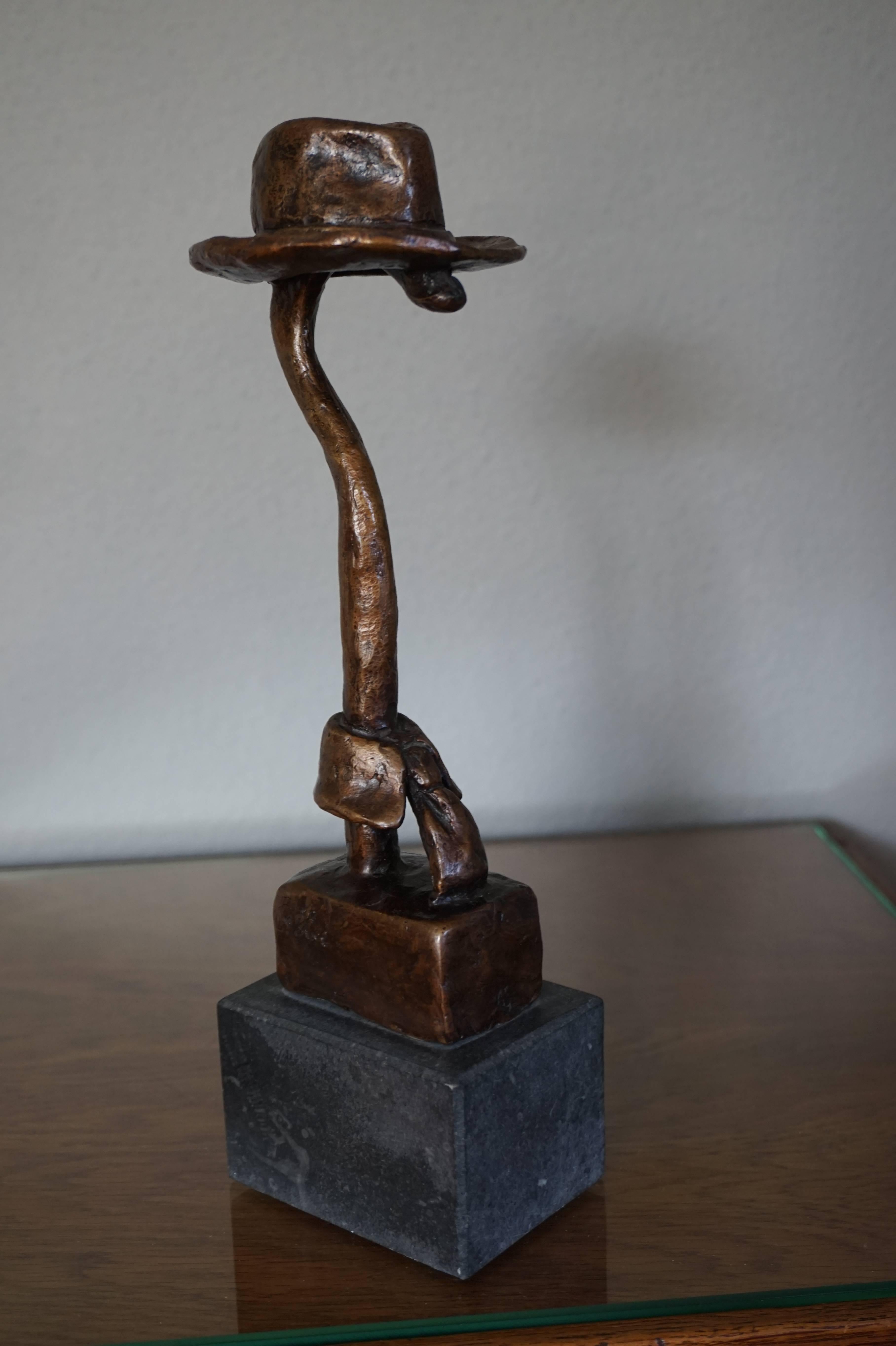 Unique Bronze Fashion Sculpture of Walking Cane in a Hat with Colar & Tie 2