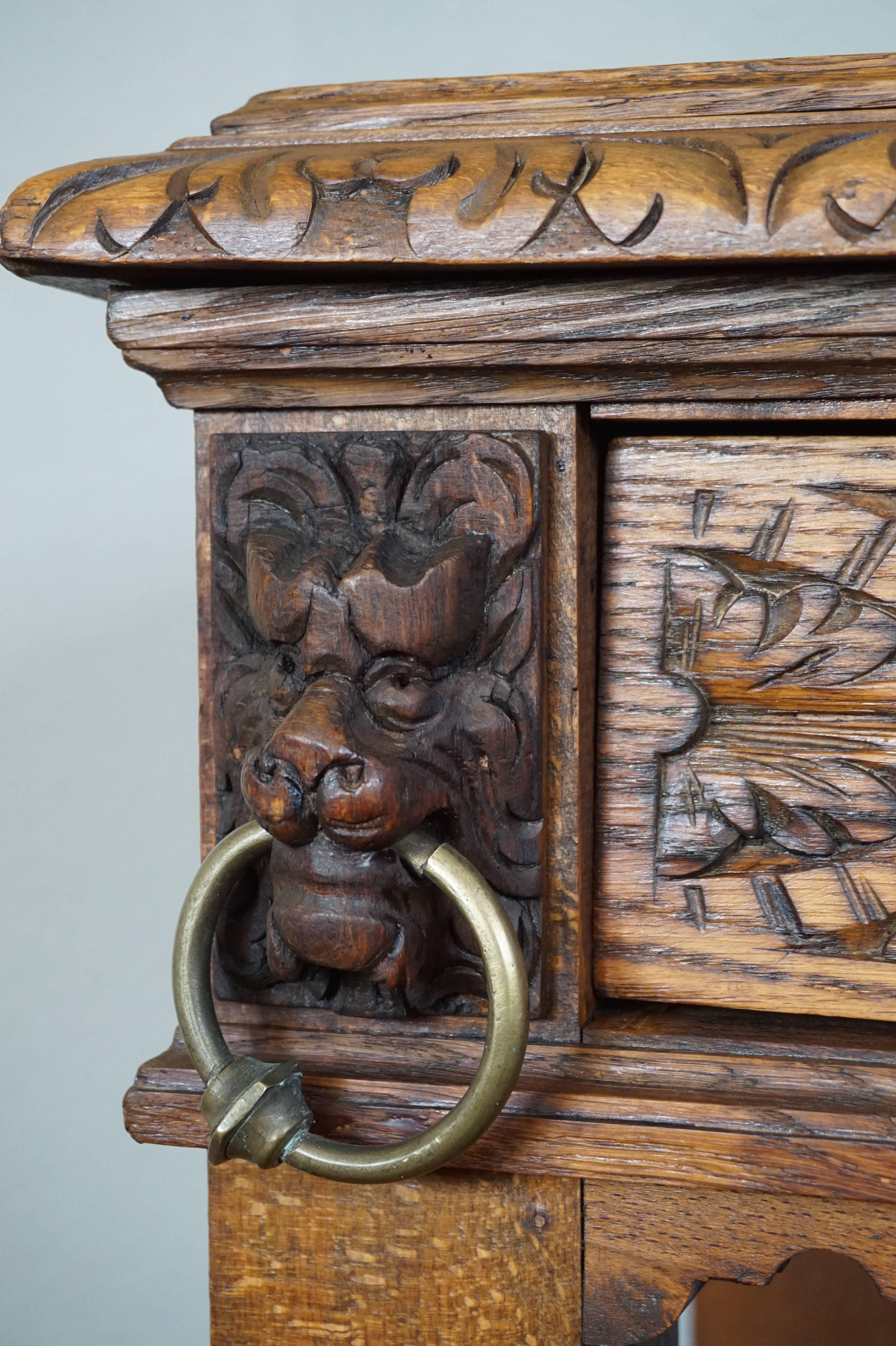 European 19th Century Hand-Carved Side Table with Drawer, Lion Heads, Green Man and Fruit