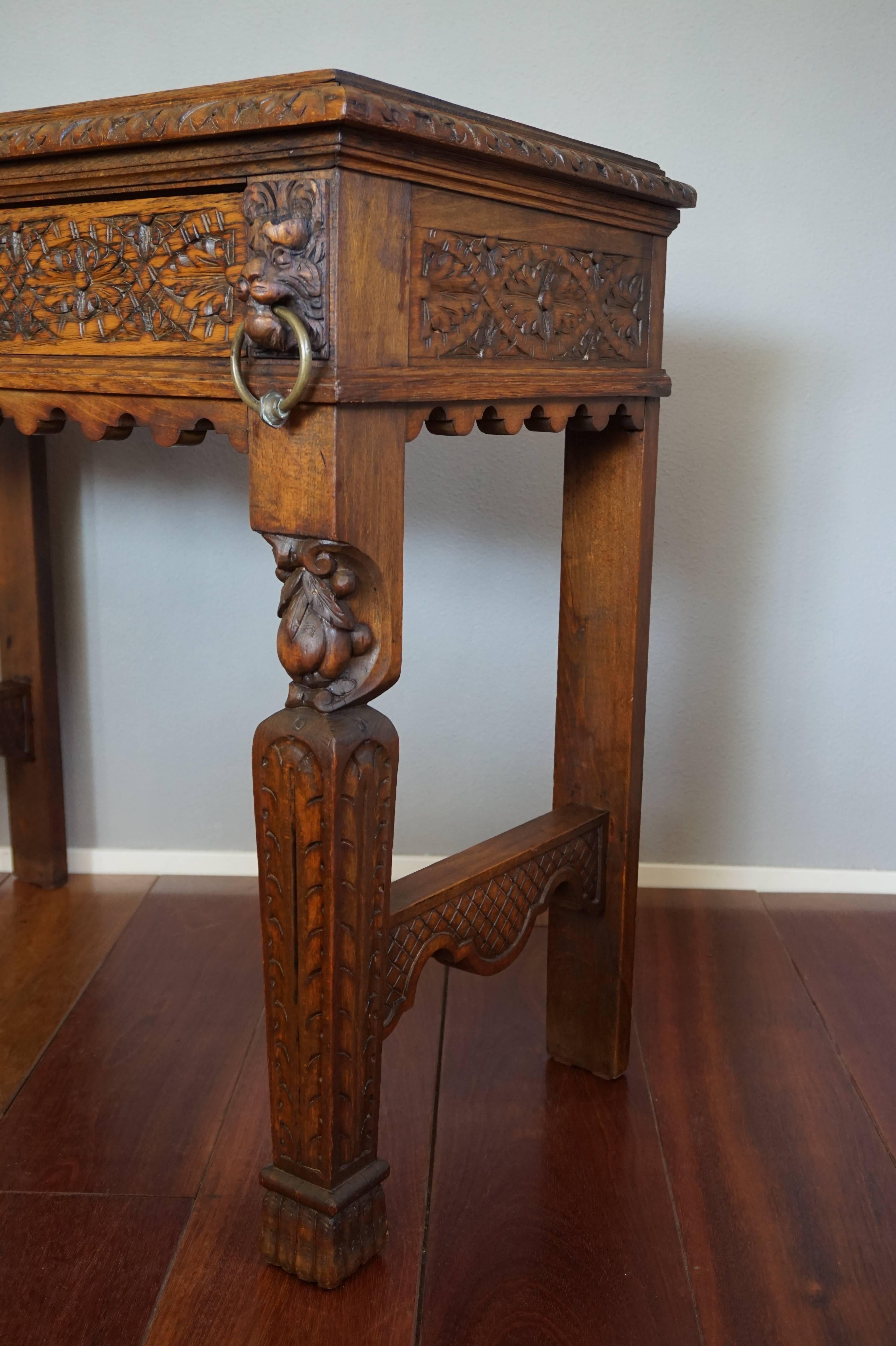 Beautiful, practical and decorative side table.

Used as a practical and decorative piece of hallway furniture this handcrafted antique is a dream to come home to. It is practical in size, it comes with fine carvings and it has a wonderful mid to