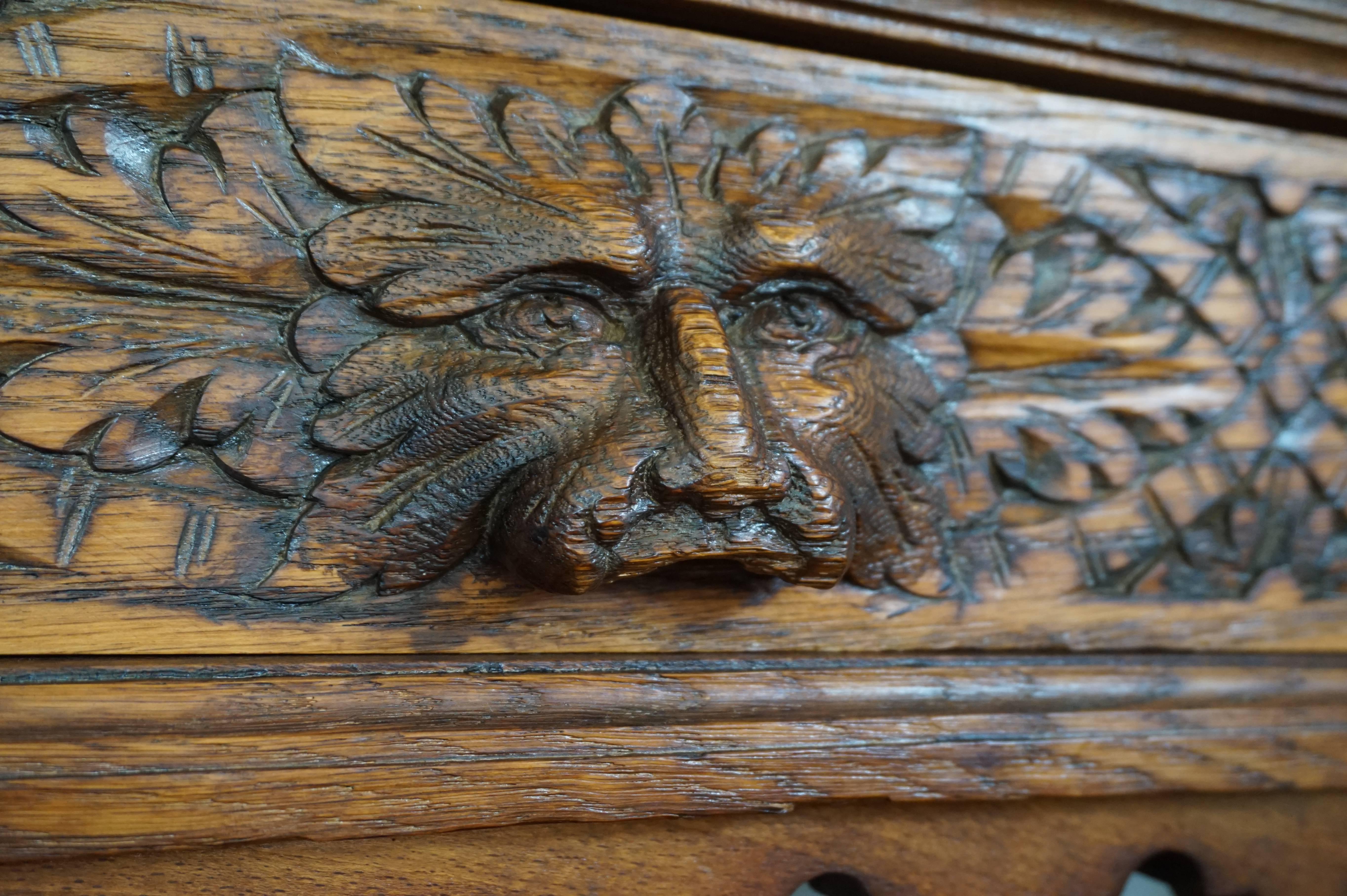 Beech 19th Century Hand-Carved Side Table with Drawer, Lion Heads, Green Man and Fruit