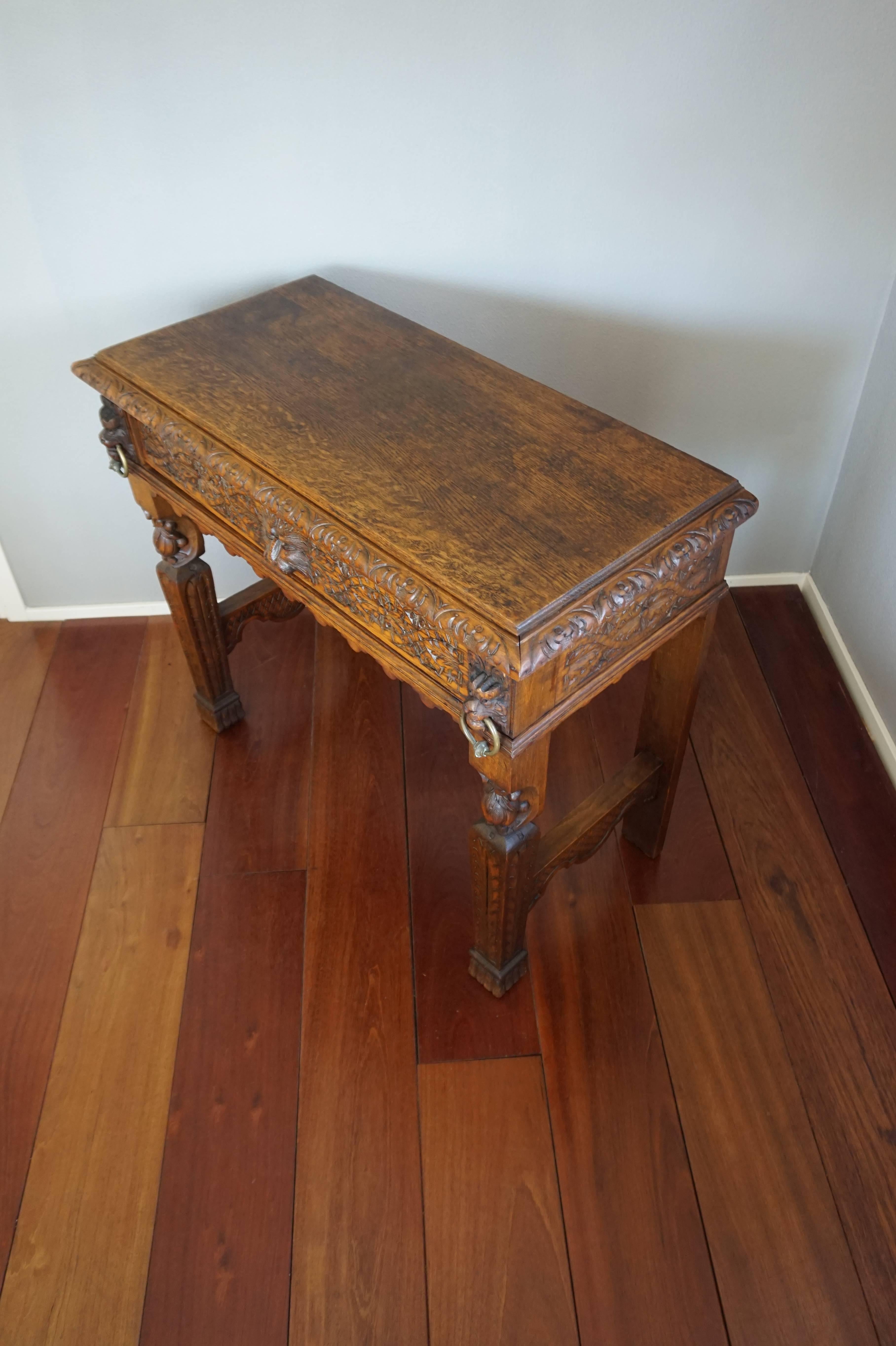 19th Century Hand-Carved Side Table with Drawer, Lion Heads, Green Man and Fruit 1